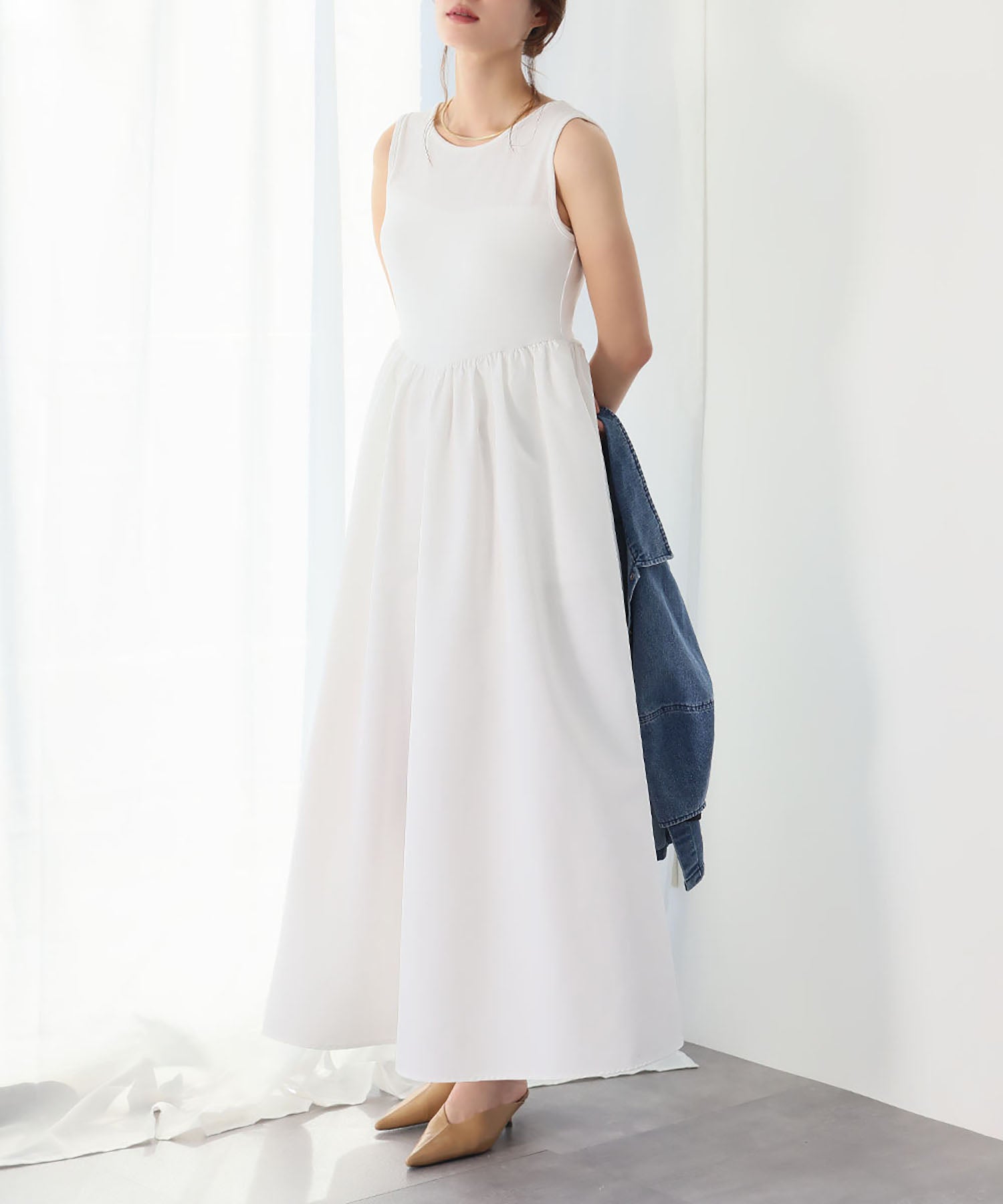ELFRANK ELFRANK Mixed Material Docking Flare Long Dress 【Washable】