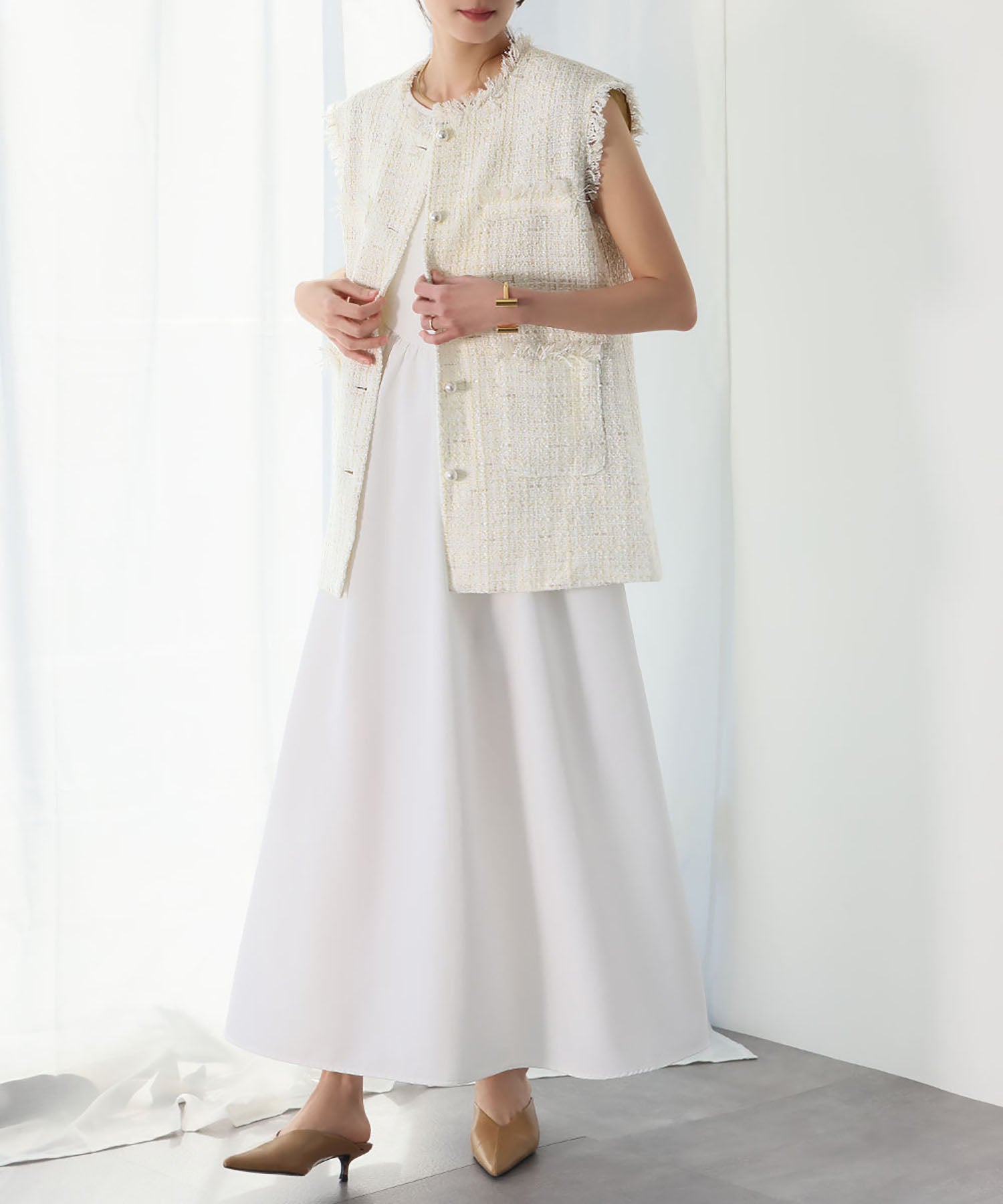ELFRANK ELFRANK Mixed Material Docking Flare Long Dress 【Washable】