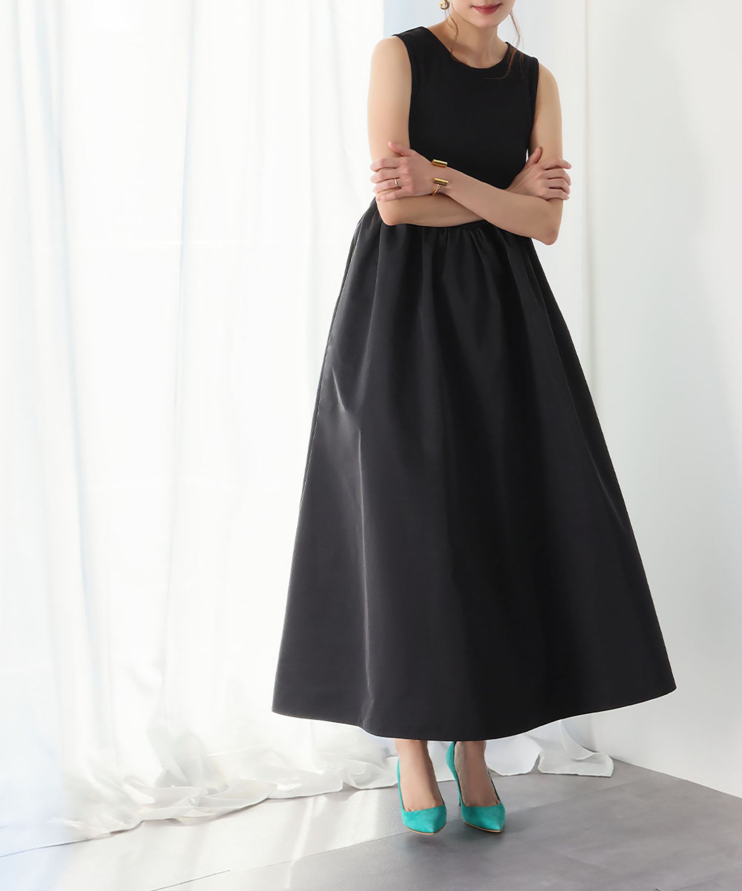 ELFRANK ELFRANK Mixed Material Docking Flare Long Dress 【Washable】