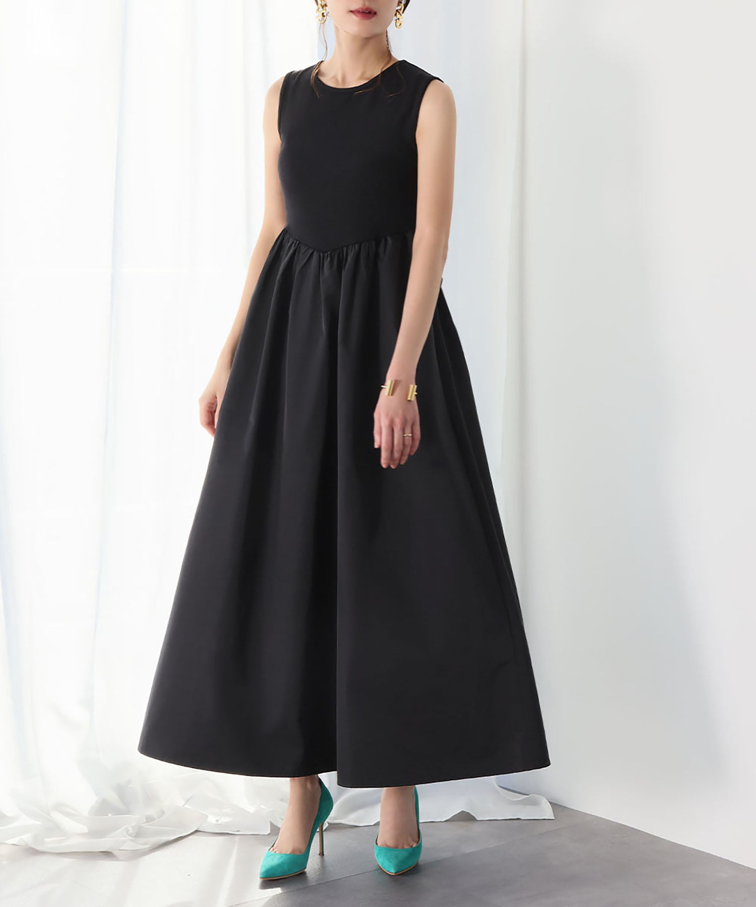ELFRANK ELFRANK Mixed Material Docking Flare Long Dress 【Washable】