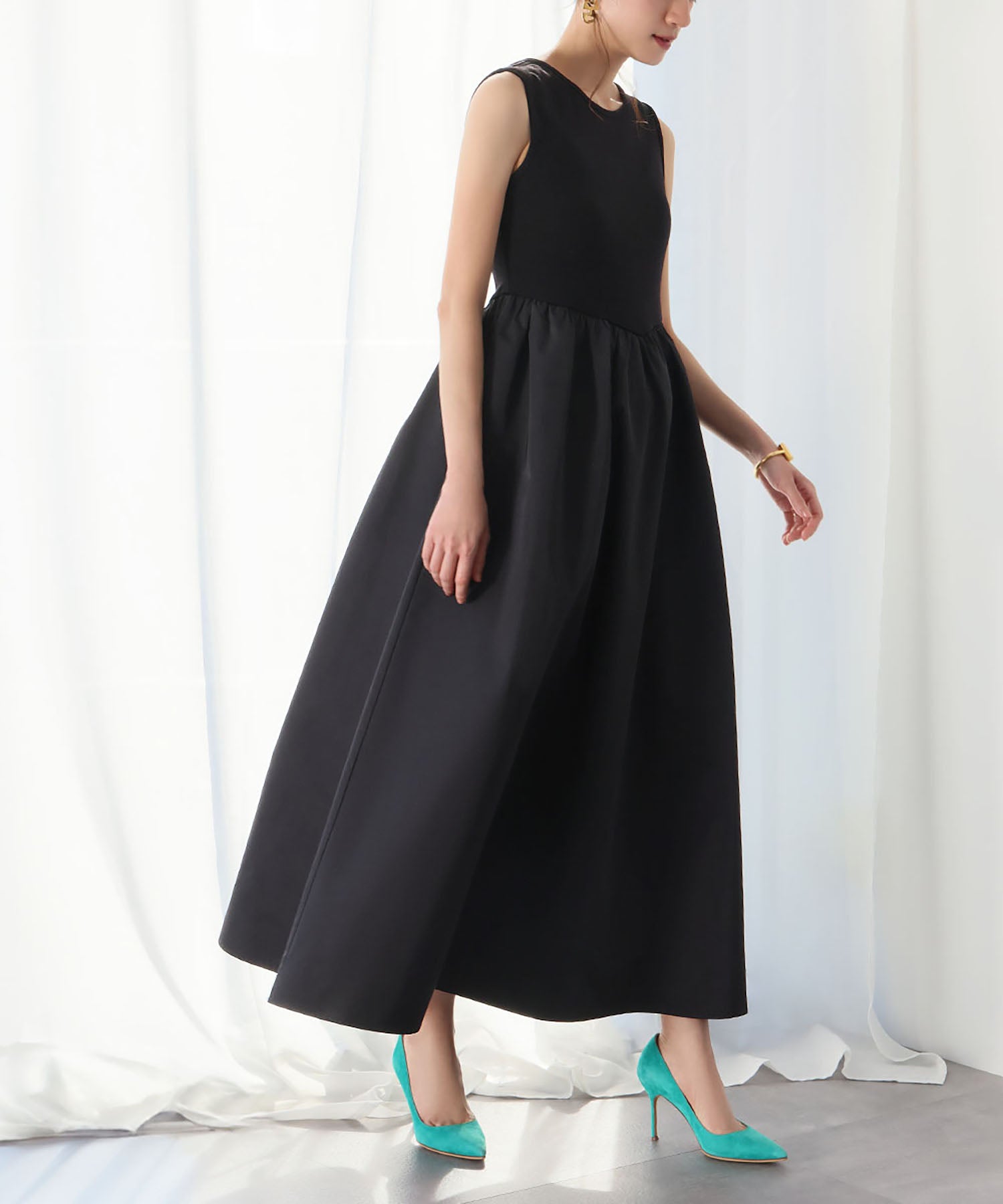 ELFRANK ELFRANK Mixed Material Docking Flare Long Dress 【Washable】