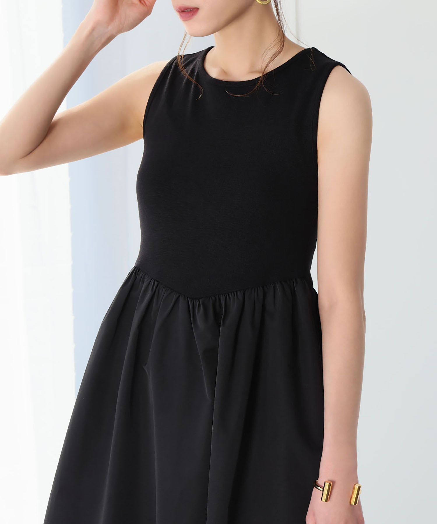 ELFRANK ELFRANK Mixed Material Docking Flare Long Dress 【Washable】