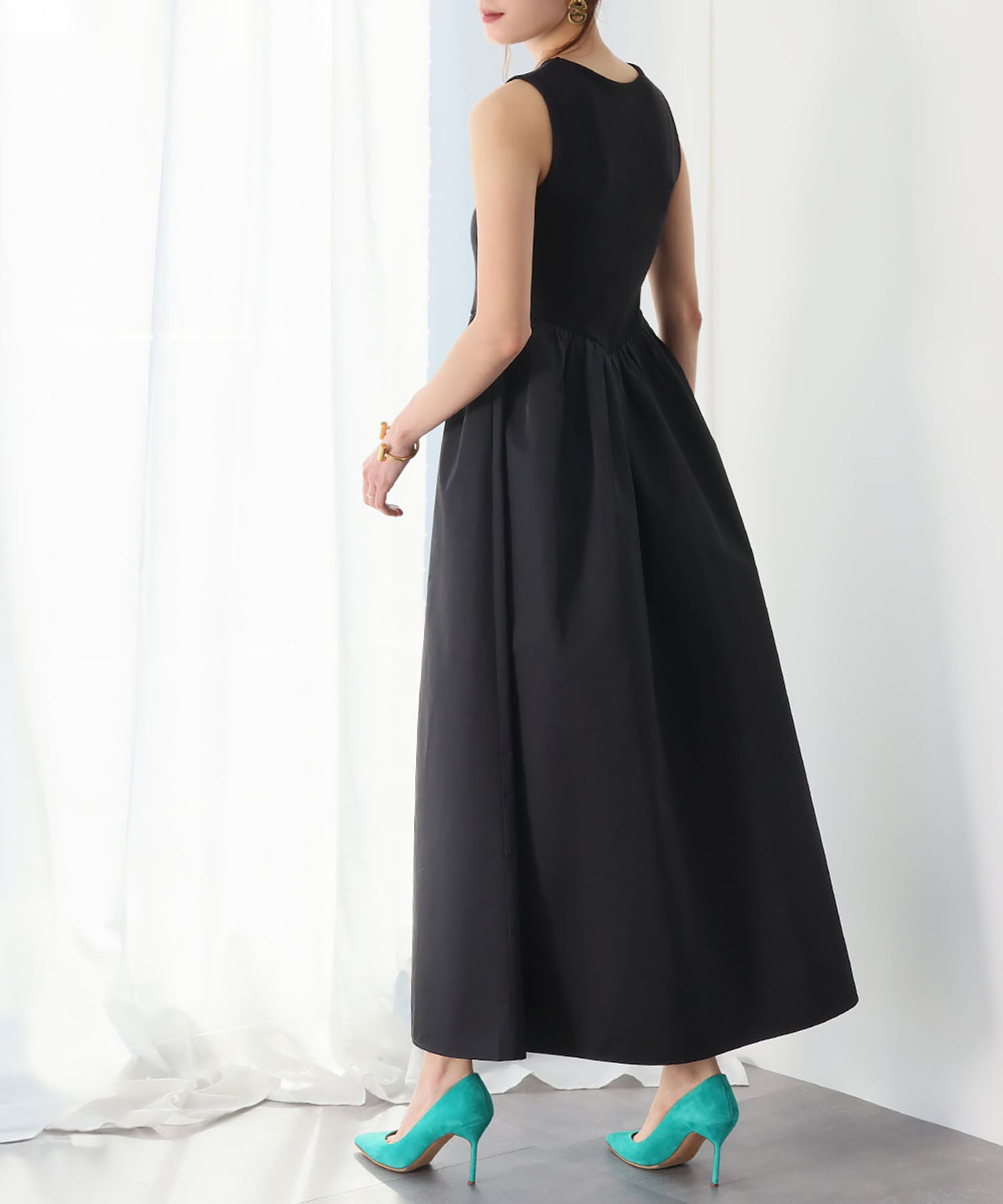 ELFRANK ELFRANK Mixed Material Docking Flare Long Dress 【Washable】