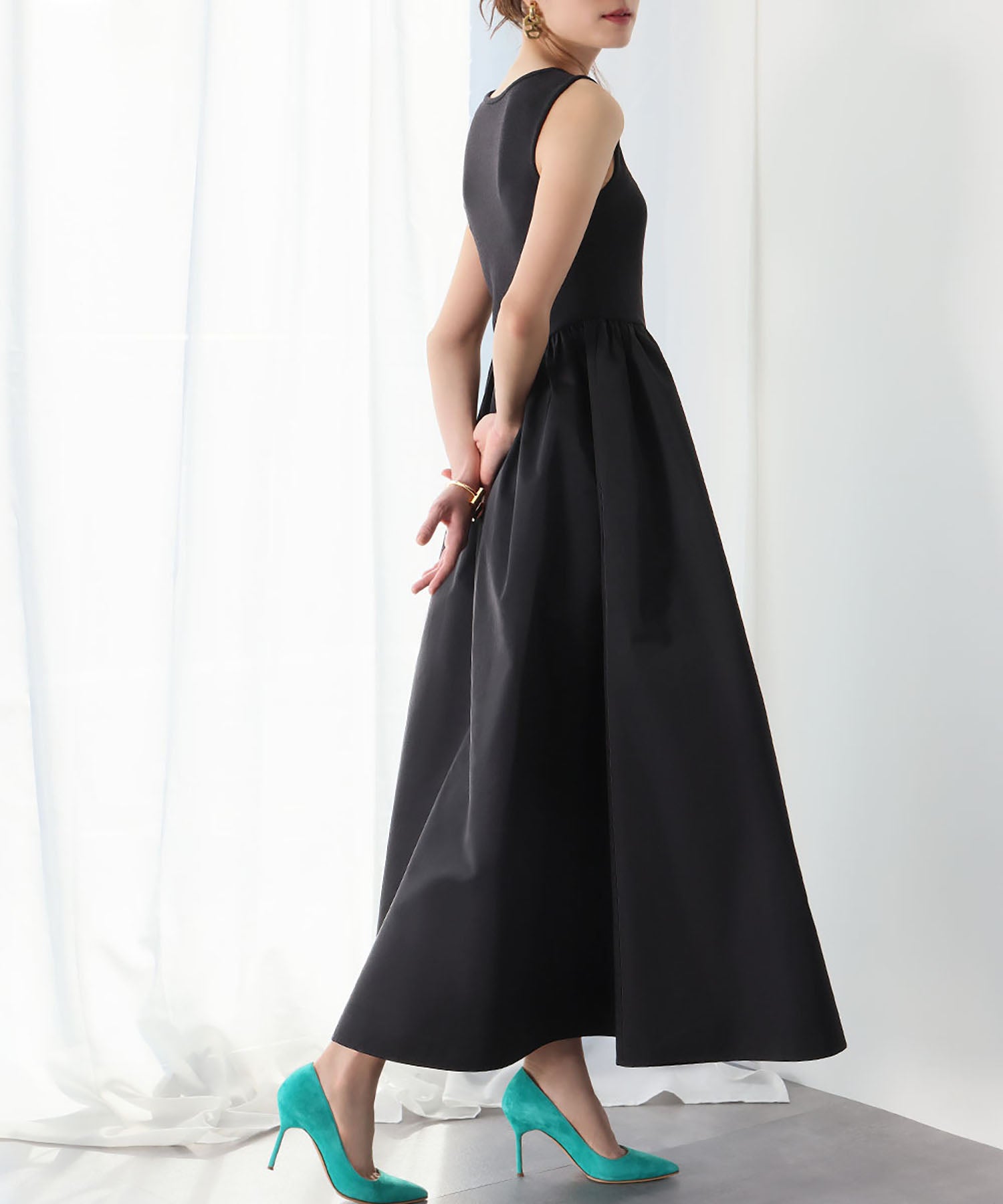 ELFRANK ELFRANK Mixed Material Docking Flare Long Dress 【Washable】