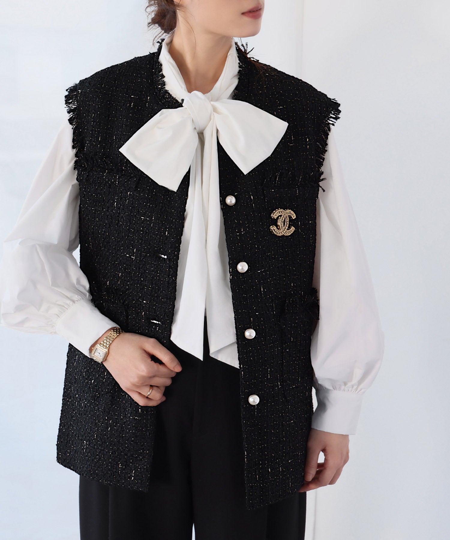 ELFRANK ELFRANK Pearl Button Tweed Fringe Vest