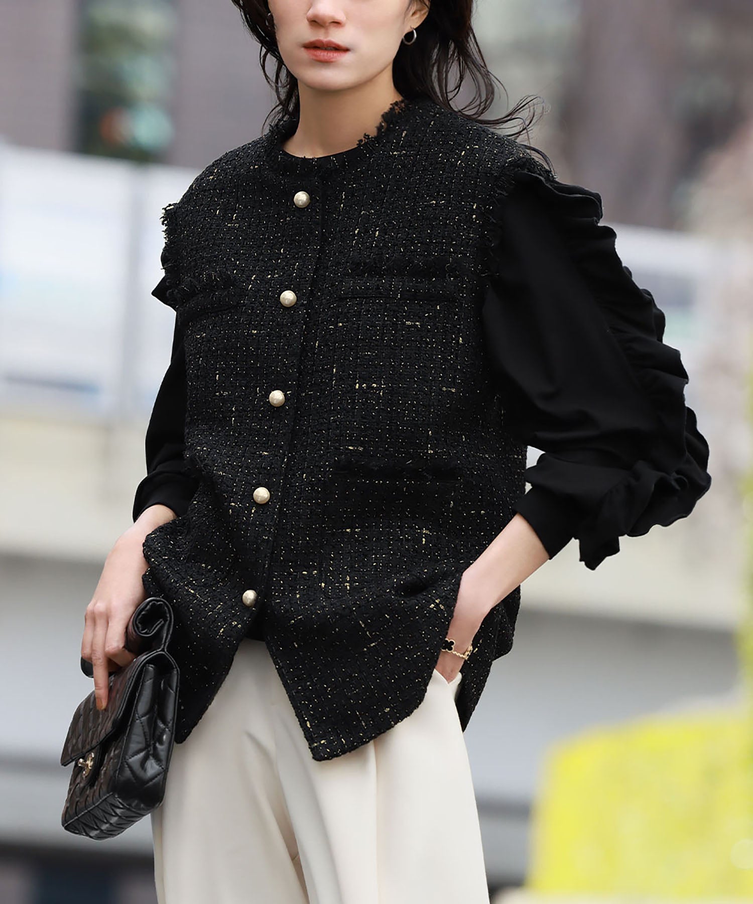 ELFRANK ELFRANK Pearl Button Tweed Fringe Vest