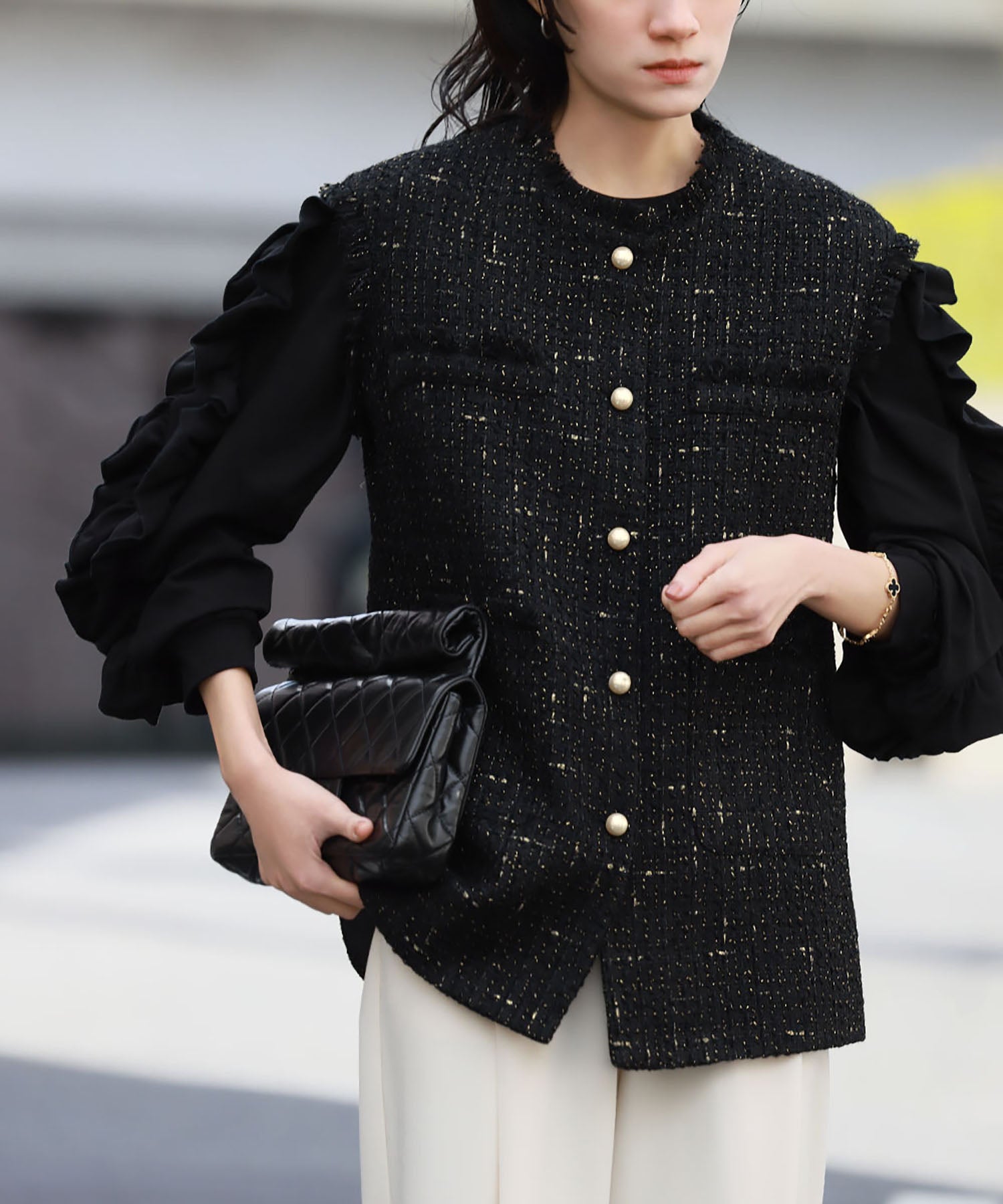 ELFRANK ELFRANK Pearl Button Tweed Fringe Vest