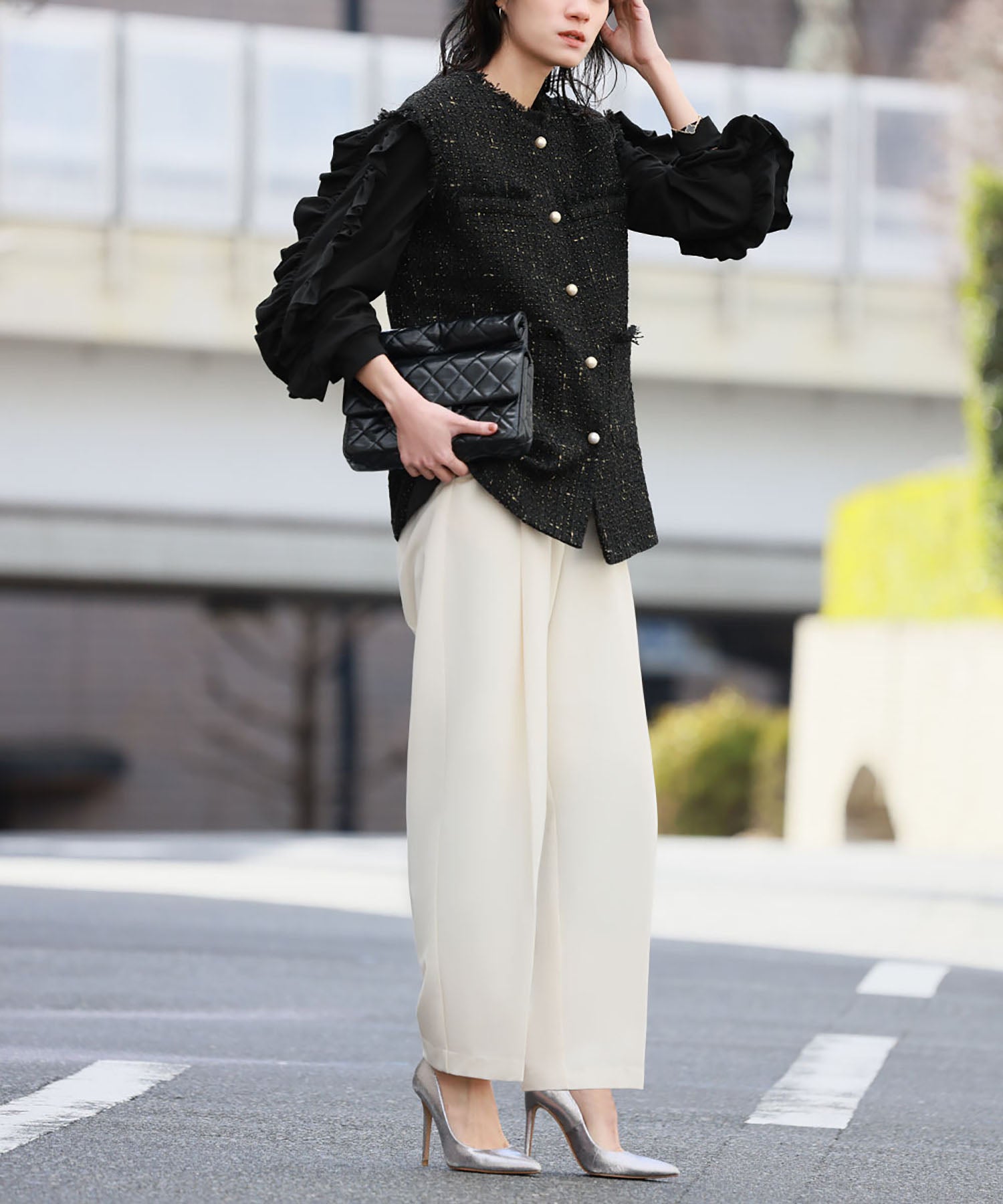 ELFRANK ELFRANK Pearl Button Tweed Fringe Vest