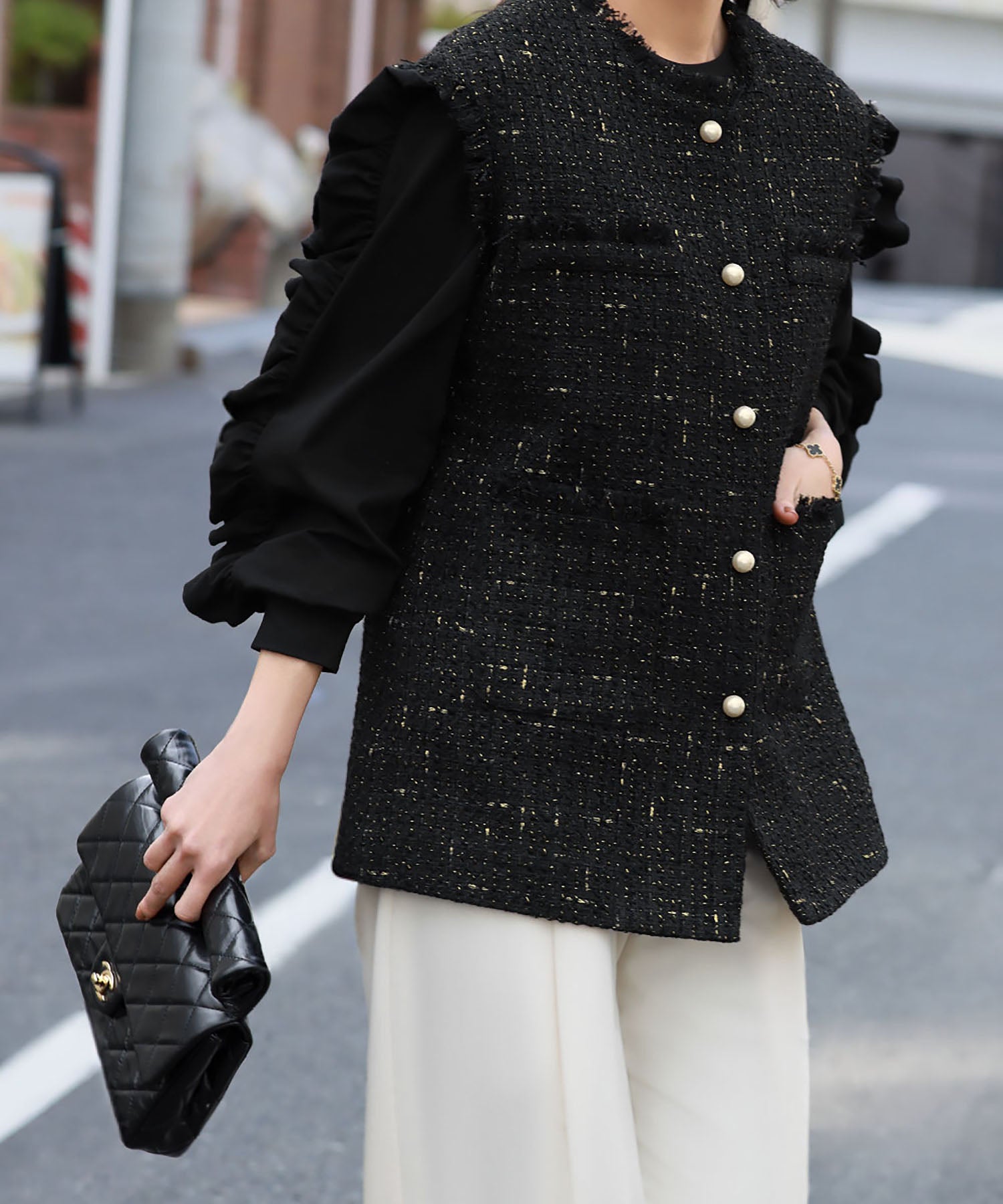 ELFRANK ELFRANK Pearl Button Tweed Fringe Vest