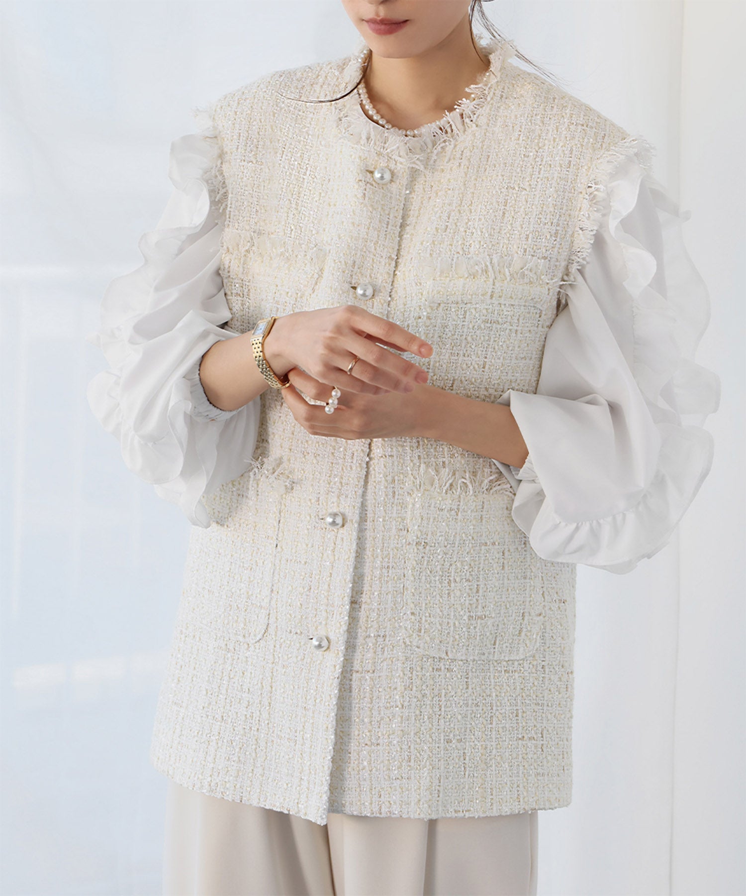 ELFRANK ELFRANK Pearl Button Tweed Fringe Vest