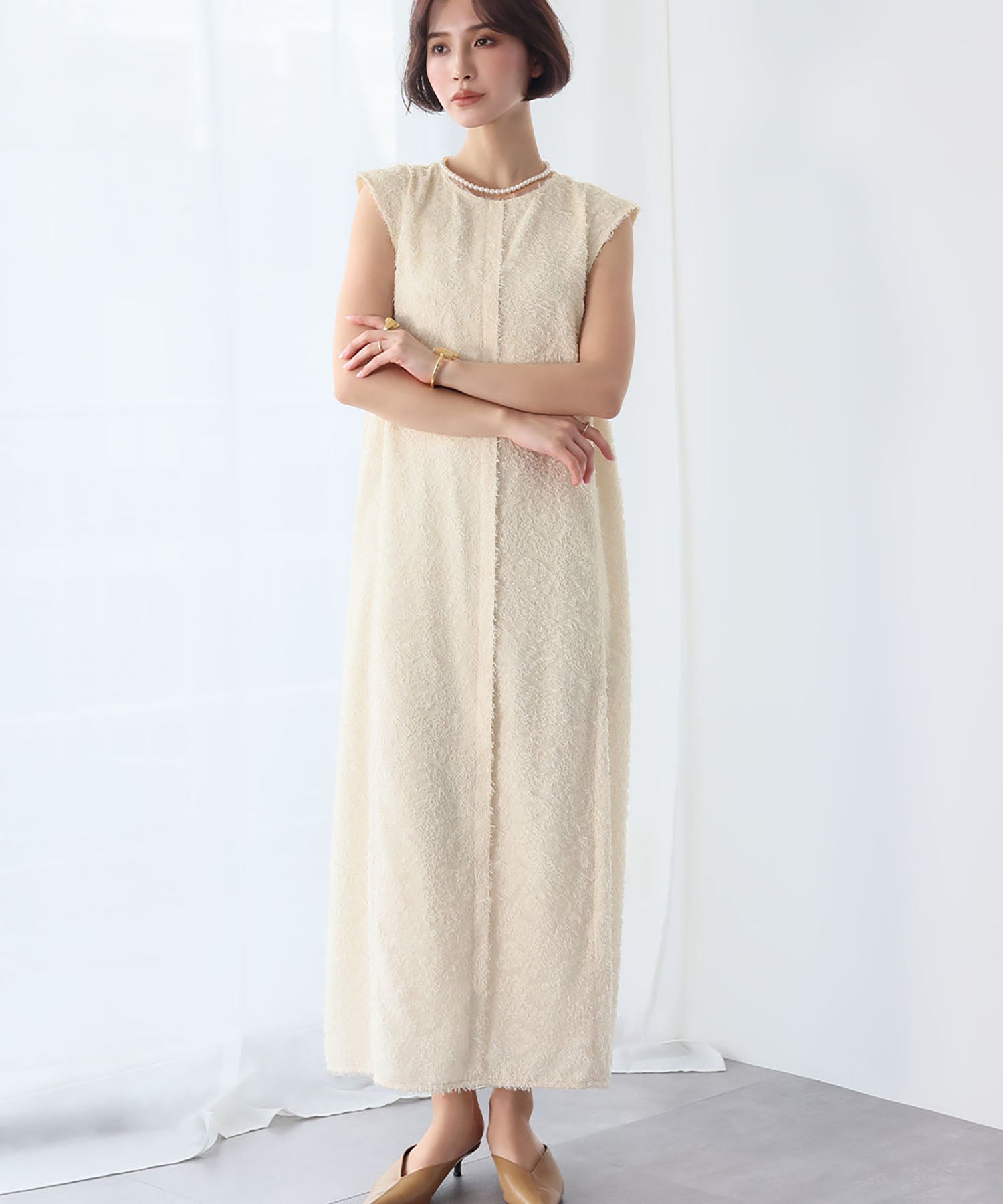 ELFRANK ELFRANK Fringe Cut Jacquard French Sleeve Cocoon Dress