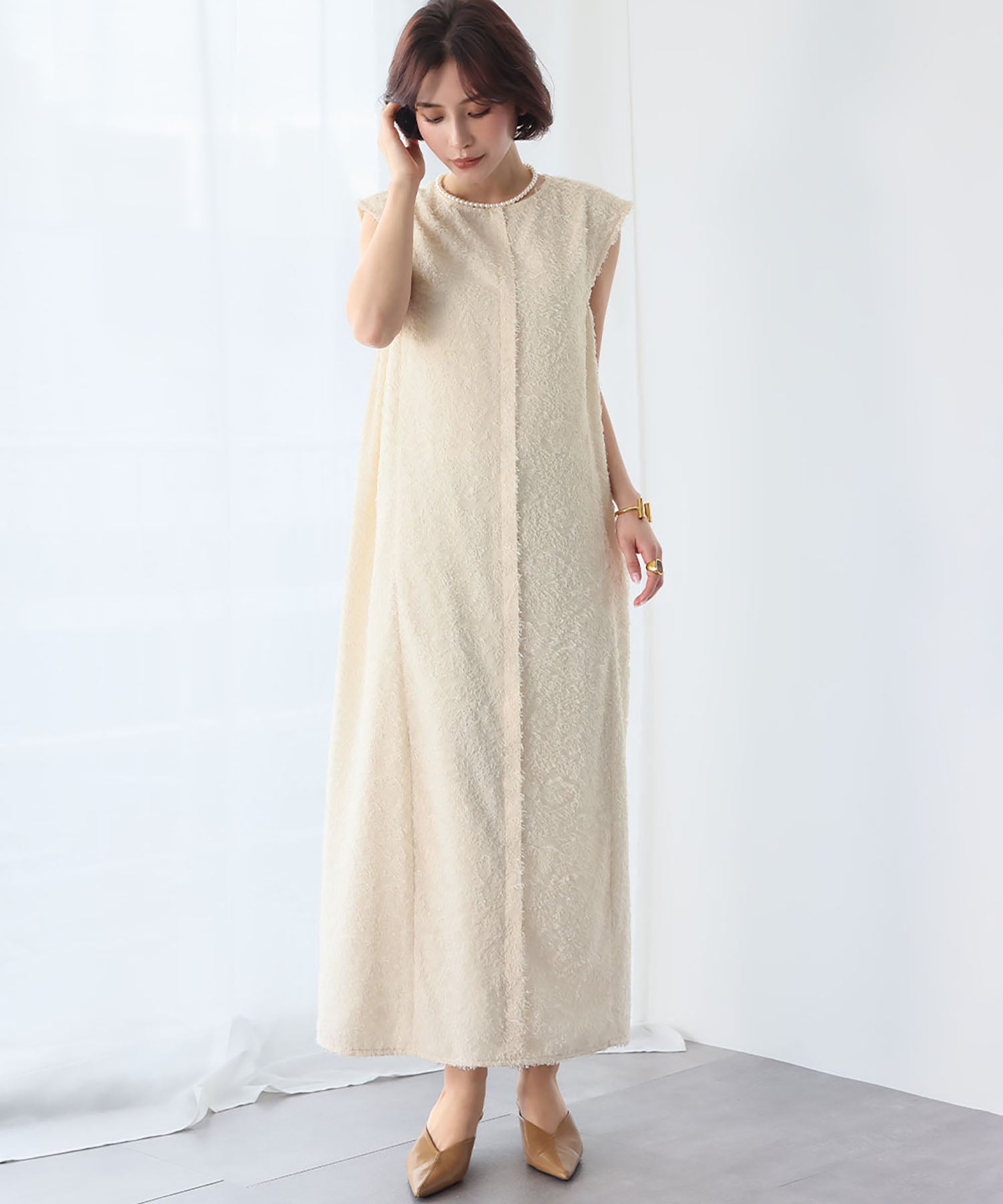 ELFRANK ELFRANK Fringe Cut Jacquard French Sleeve Cocoon Dress