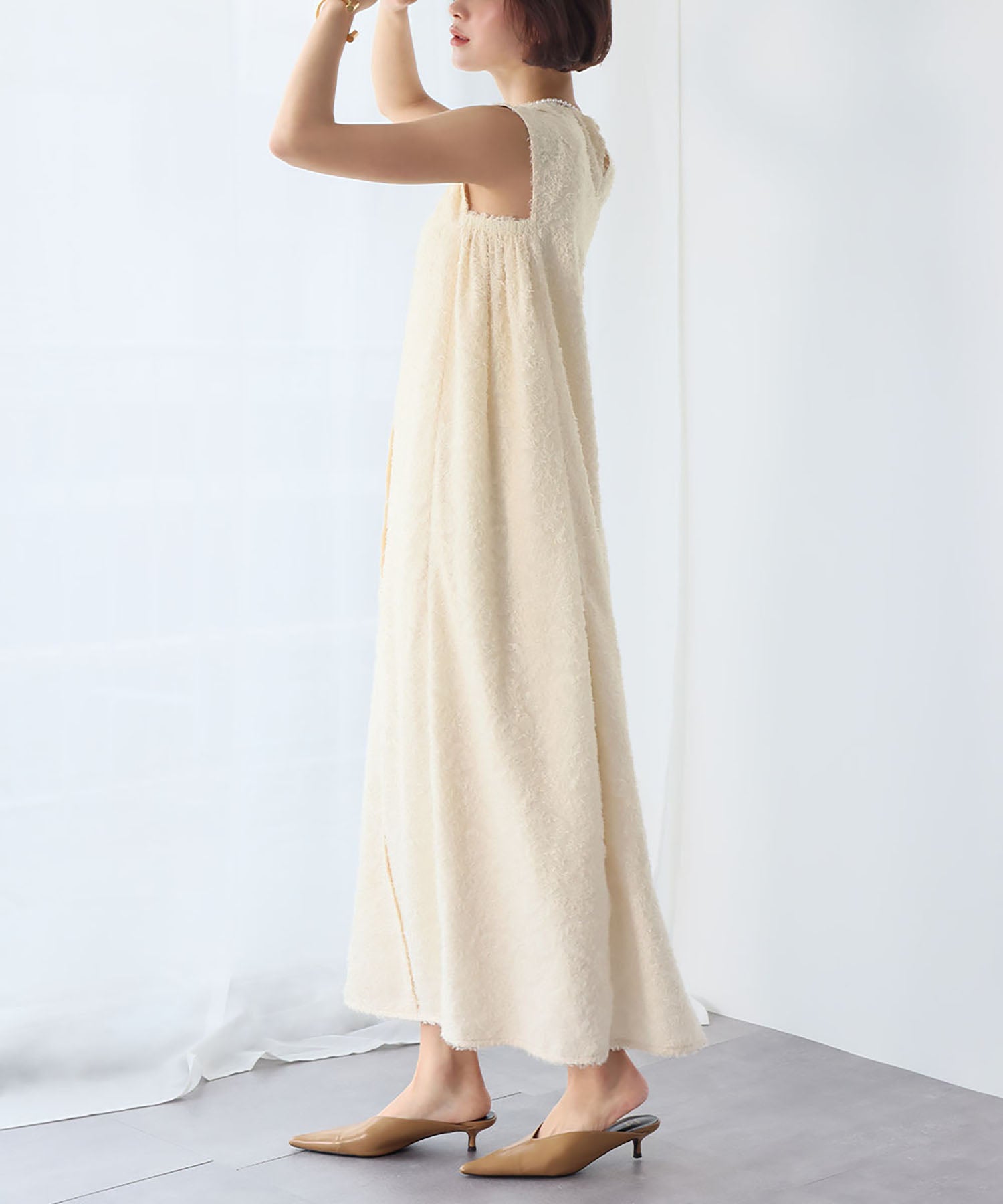 ELFRANK ELFRANK Fringe Cut Jacquard French Sleeve Cocoon Dress