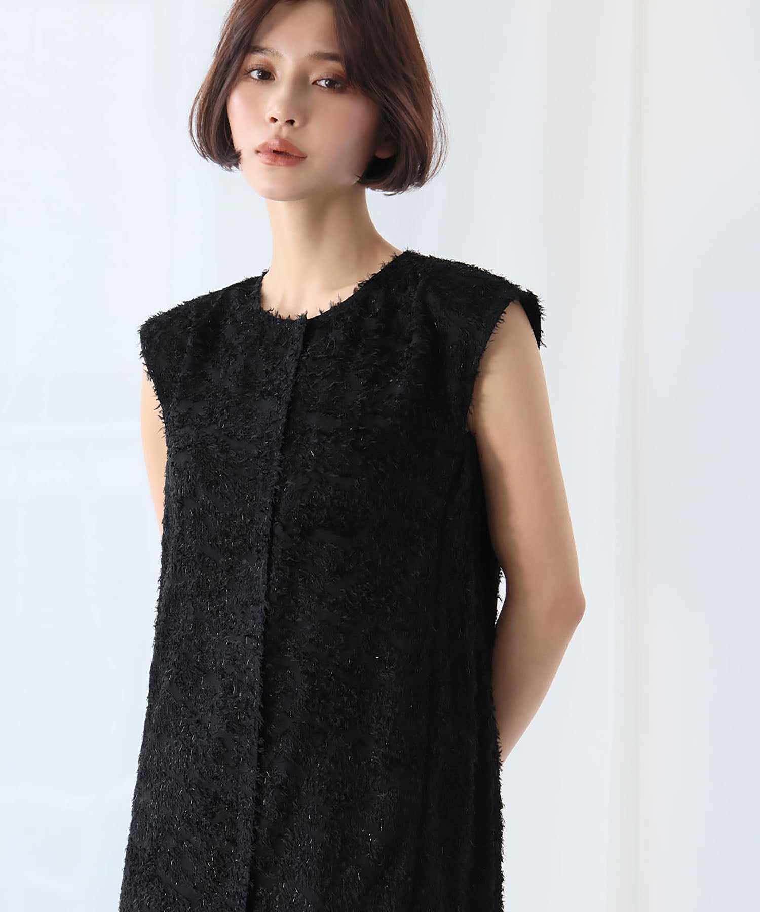 ELFRANK ELFRANK Fringe Cut Jacquard French Sleeve Cocoon Dress