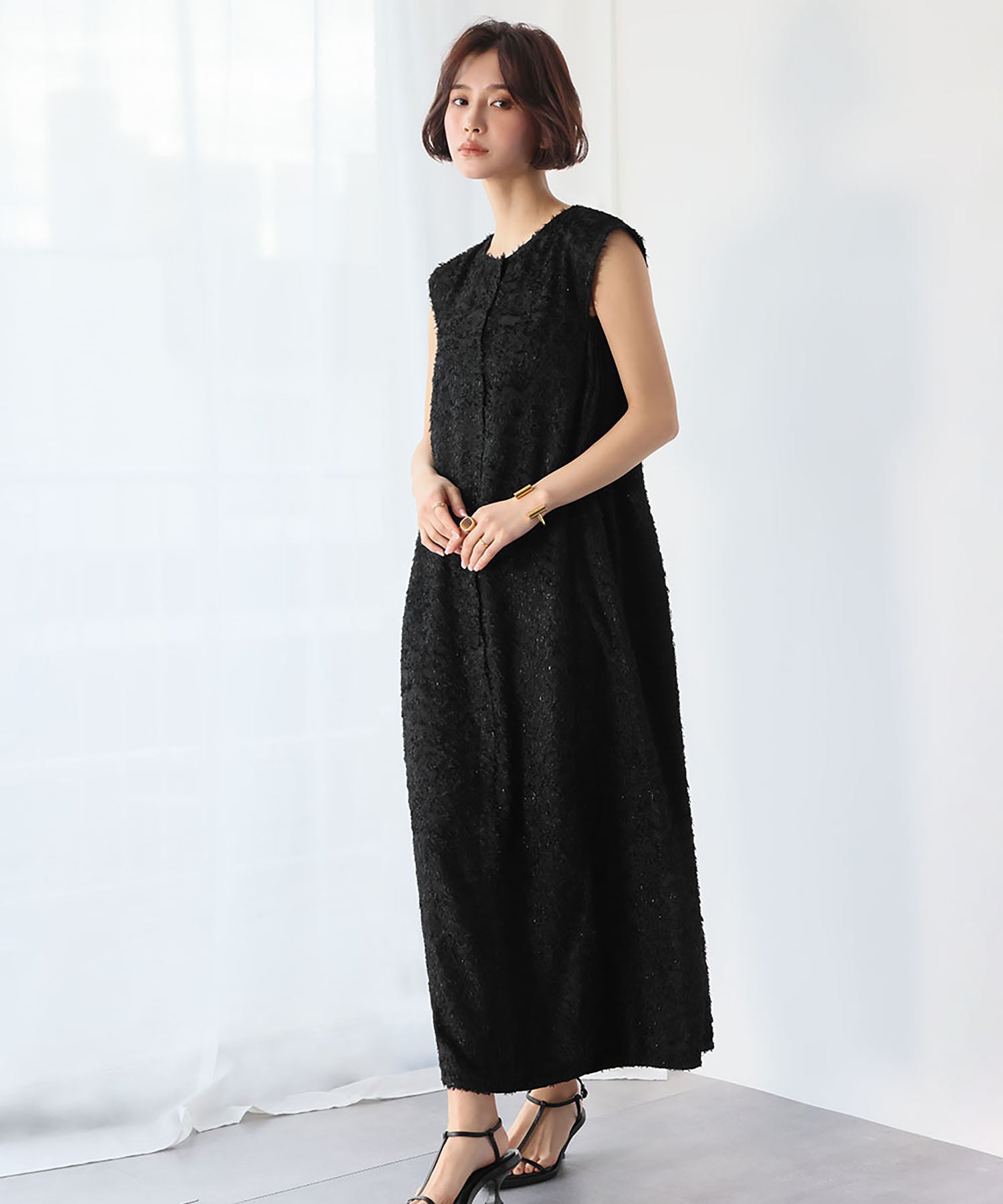ELFRANK ELFRANK Fringe Cut Jacquard French Sleeve Cocoon Dress