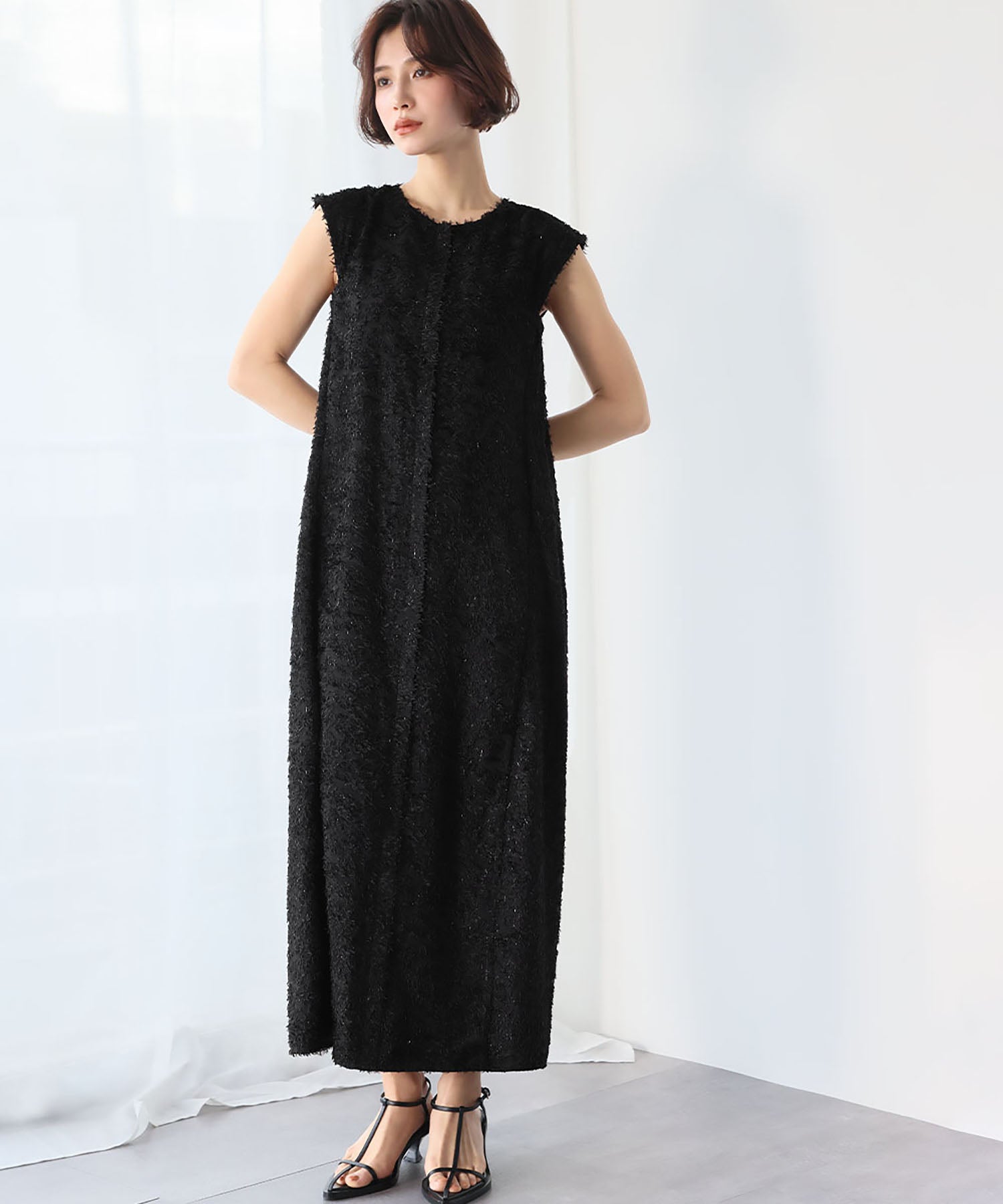 ELFRANK ELFRANK Fringe Cut Jacquard French Sleeve Cocoon Dress
