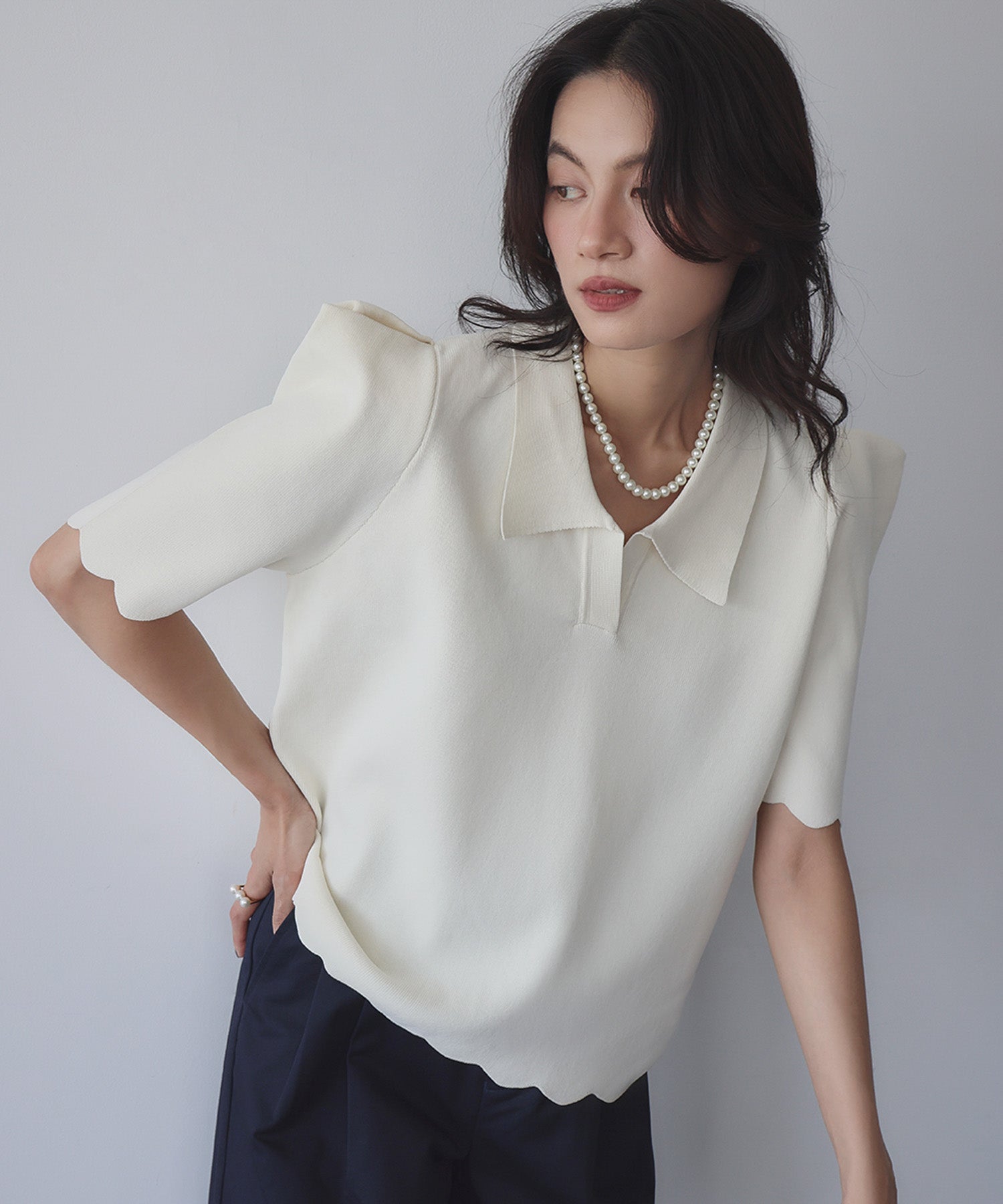 エルフランク ELFRANK ニット パワーショルダー スカラップ プルオーバー ポロシャツ （オフホワイト） オフホワイト