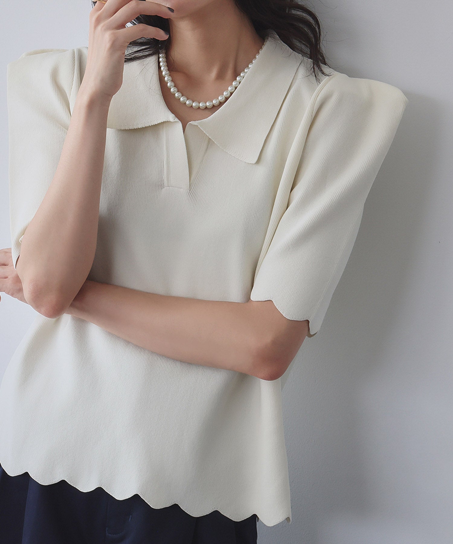 エルフランク ELFRANK ニット パワーショルダー スカラップ プルオーバー ポロシャツ （オフホワイト） オフホワイト