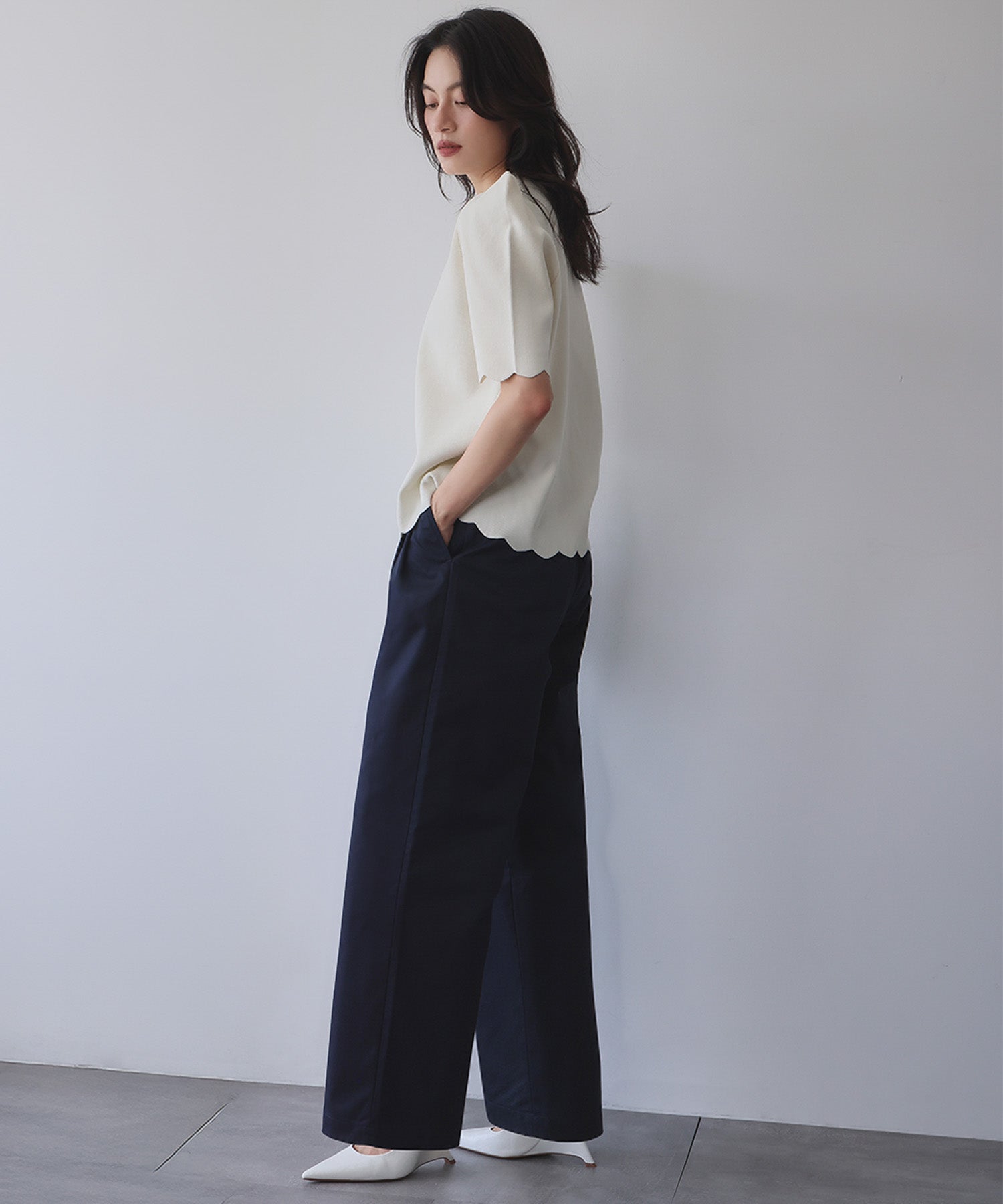 エルフランク ELFRANK ニット パワーショルダー スカラップ プルオーバー ポロシャツ （オフホワイト） オフホワイト