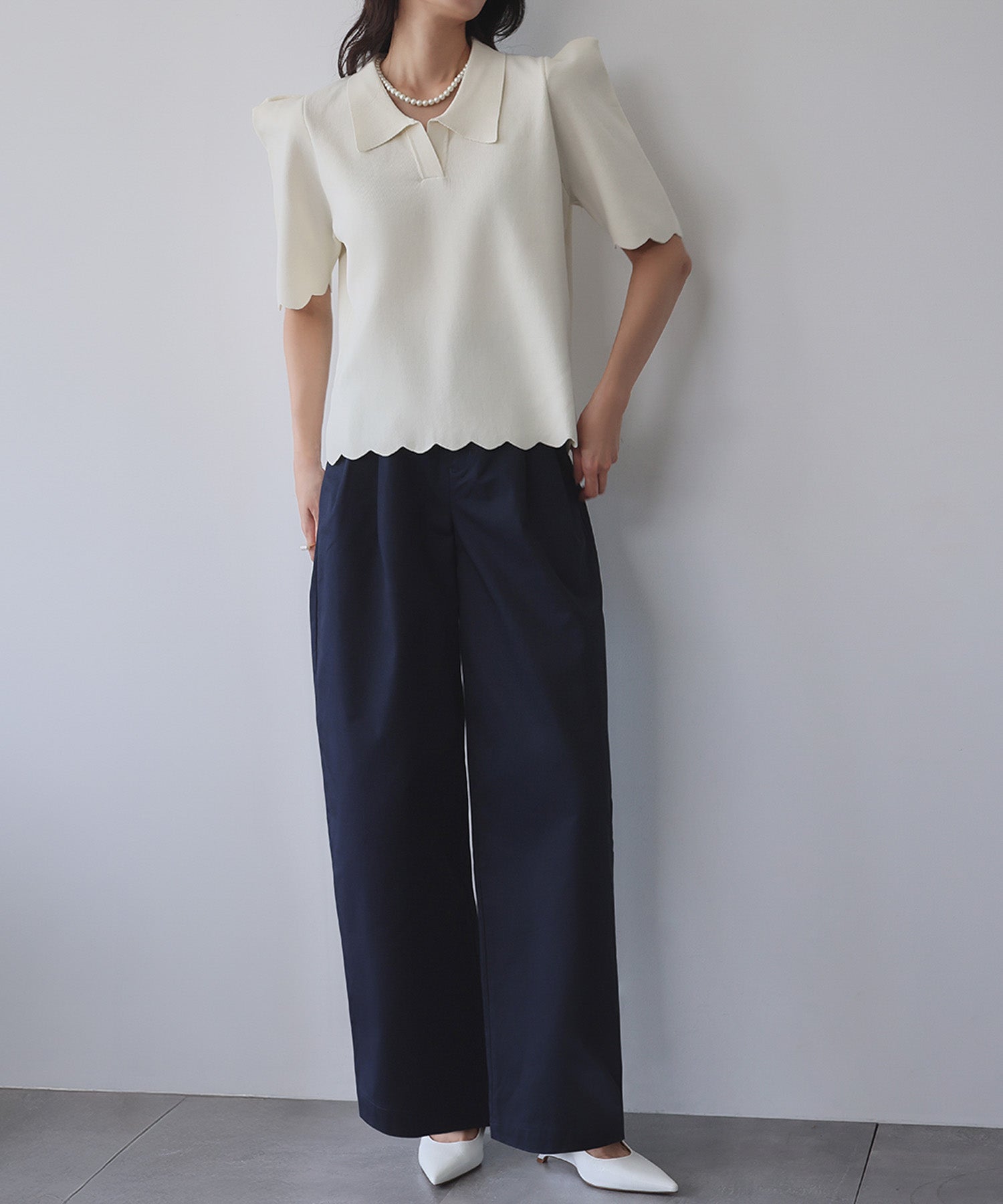 エルフランク ELFRANK ニット パワーショルダー スカラップ プルオーバー ポロシャツ （オフホワイト） オフホワイト