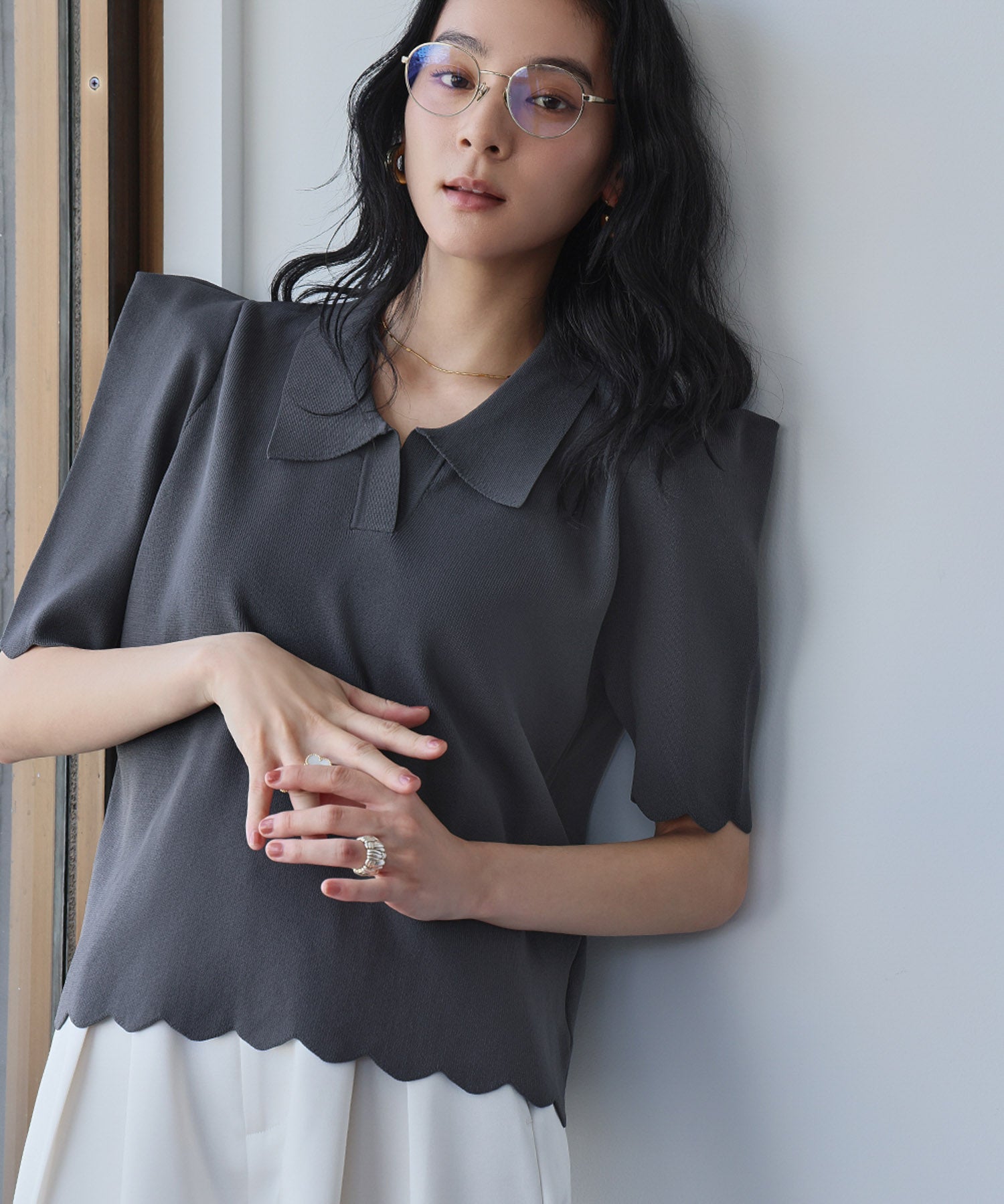 エルフランク ELFRANK ニット パワーショルダー スカラップ プルオーバー ポロシャツ （チャコールグレー） チャコールグレー