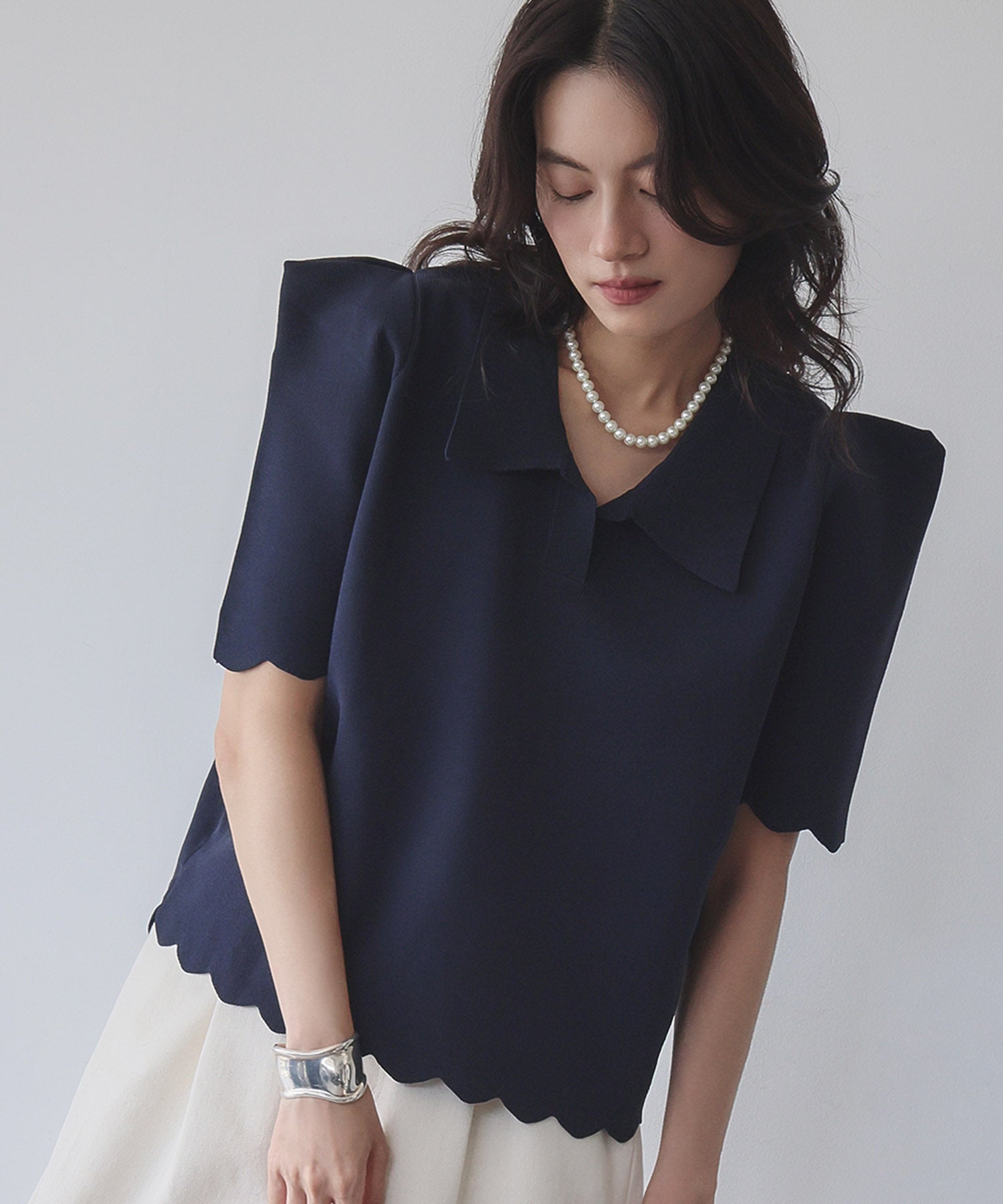 エルフランク ELFRANK ニット パワーショルダー スカラップ プルオーバー ポロシャツ （ネイビー） ネイビー