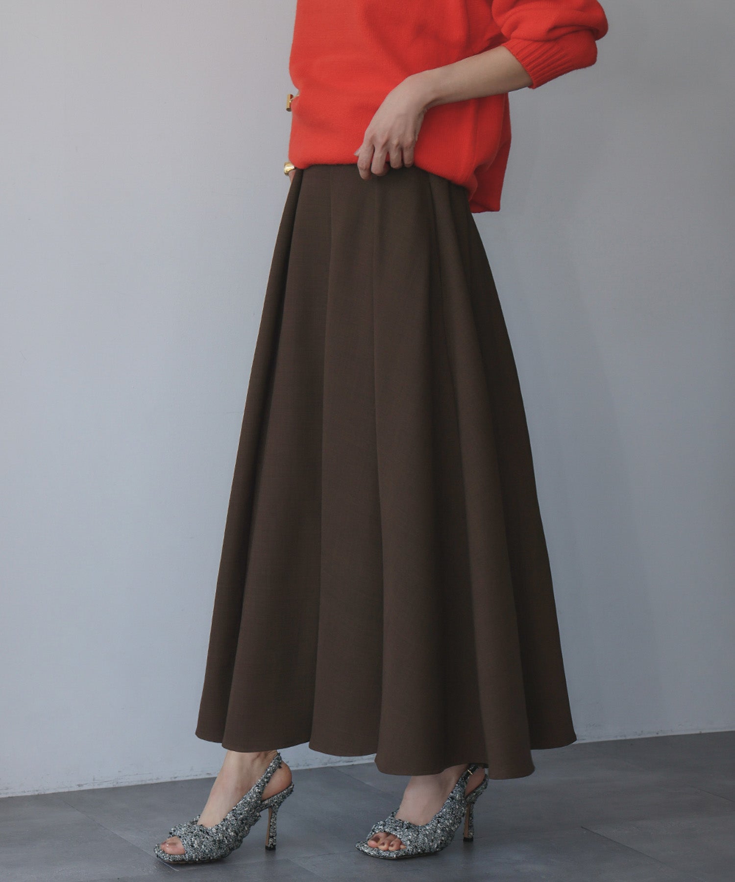 エルフランク ELFRANK タック ウエストゴム ロング丈 スカート【洗える】 （ブラウン） ブラウン