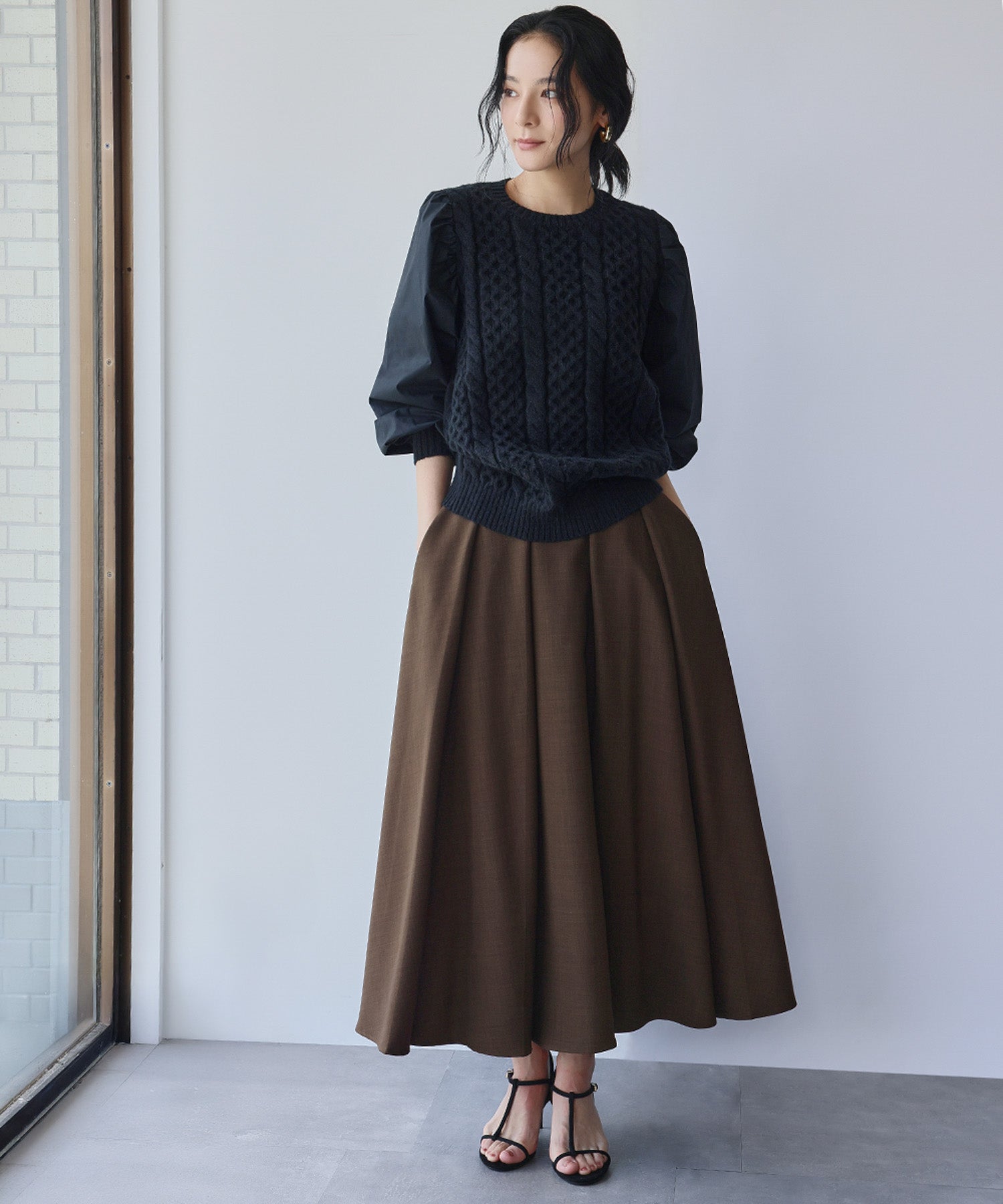 エルフランク ELFRANK タック ウエストゴム ロング丈 スカート【洗える】 （ブラウン） ブラウン