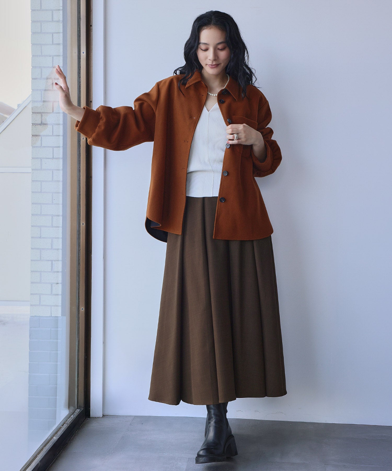 エルフランク ELFRANK タック ウエストゴム ロング丈 スカート【洗える】 （ブラウン） ブラウン
