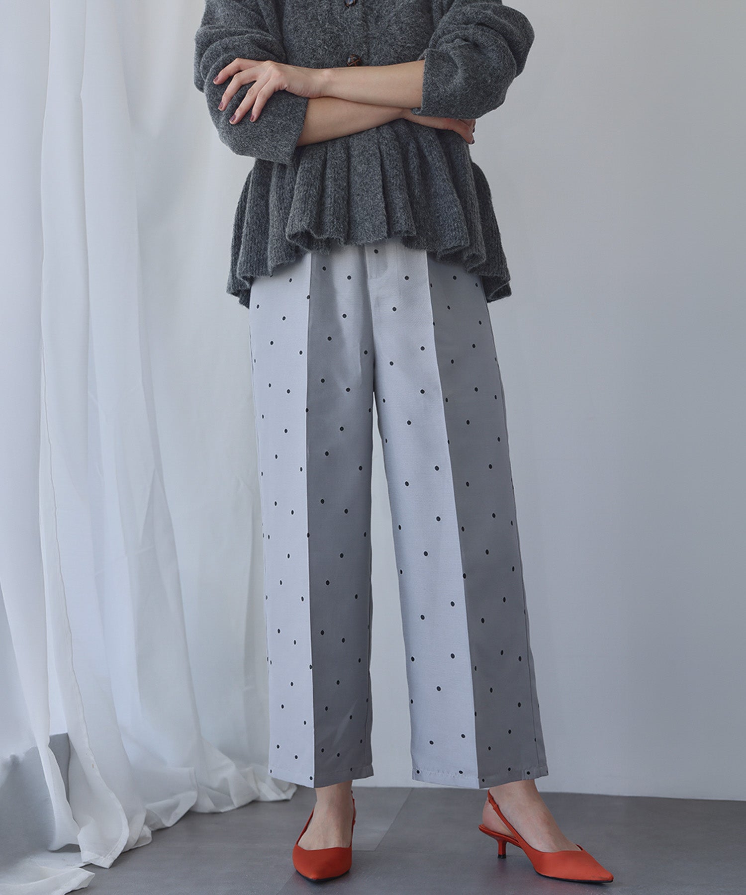 エルフランク ELFRANK ドットジャガード ストレート セミワイドパンツ【洗える】（グレー） グレードット