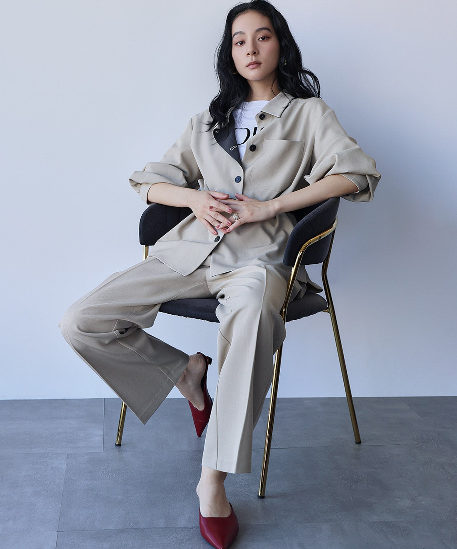 エルフランク ELFRANK オーバーサイズ シャツジャケット ストレート ワイドパンツ 2点セット セットアップ【洗える】 （ベージュ） ベージュ