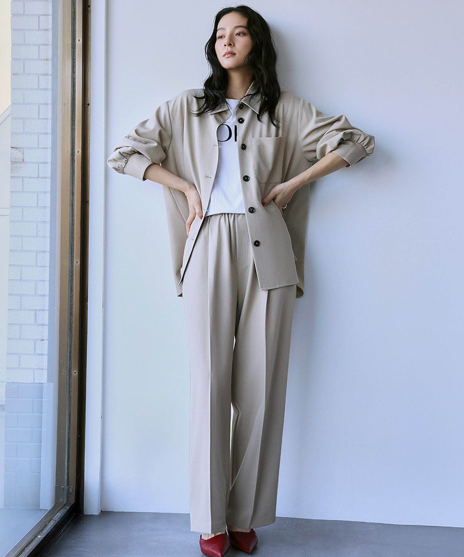 エルフランク ELFRANK オーバーサイズ シャツジャケット ストレート ワイドパンツ 2点セット セットアップ【洗える】 （ベージュ） ベージュ