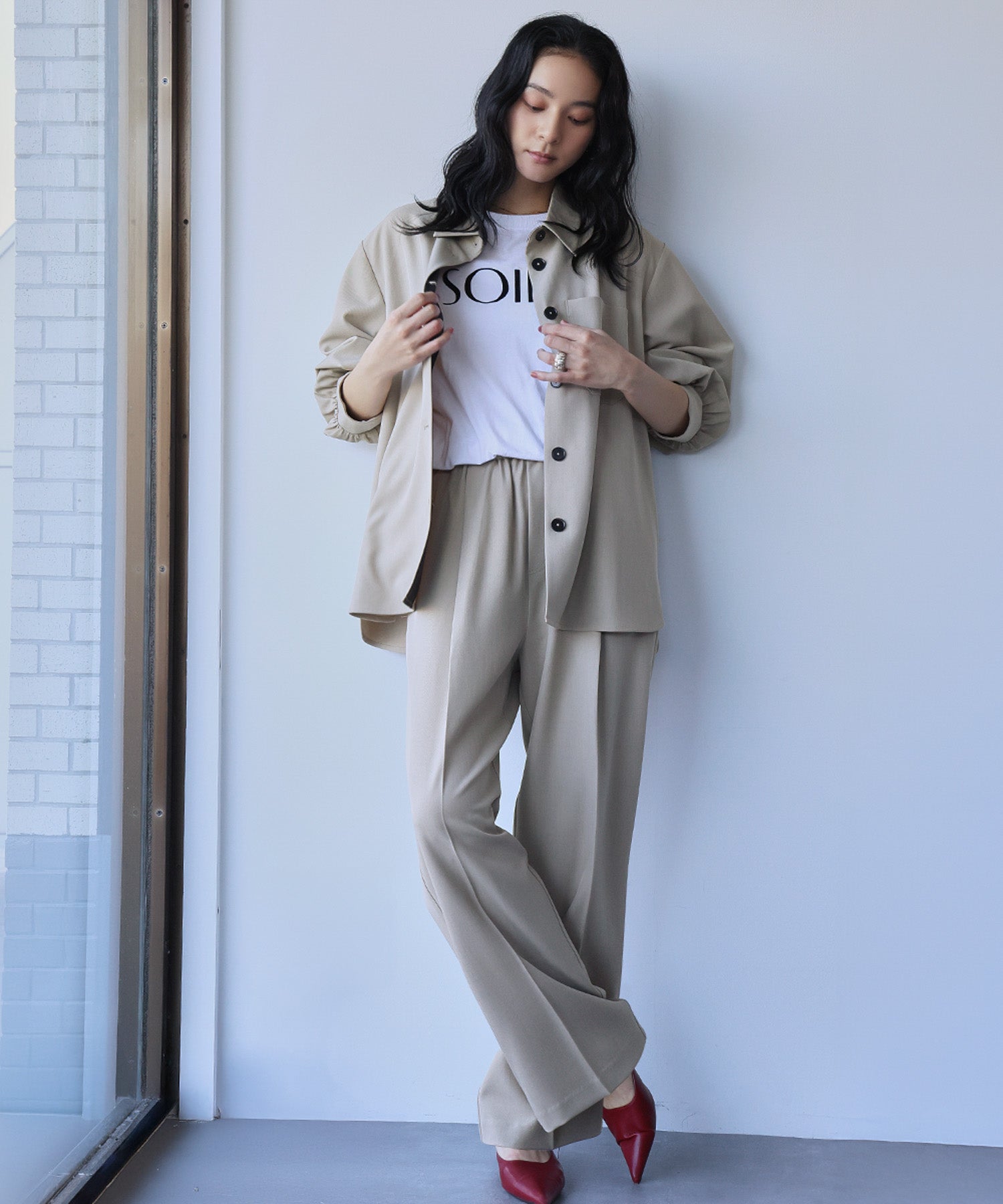 エルフランク ELFRANK オーバーサイズ シャツジャケット ストレート ワイドパンツ 2点セット セットアップ【洗える】 （ベージュ） ベージュ