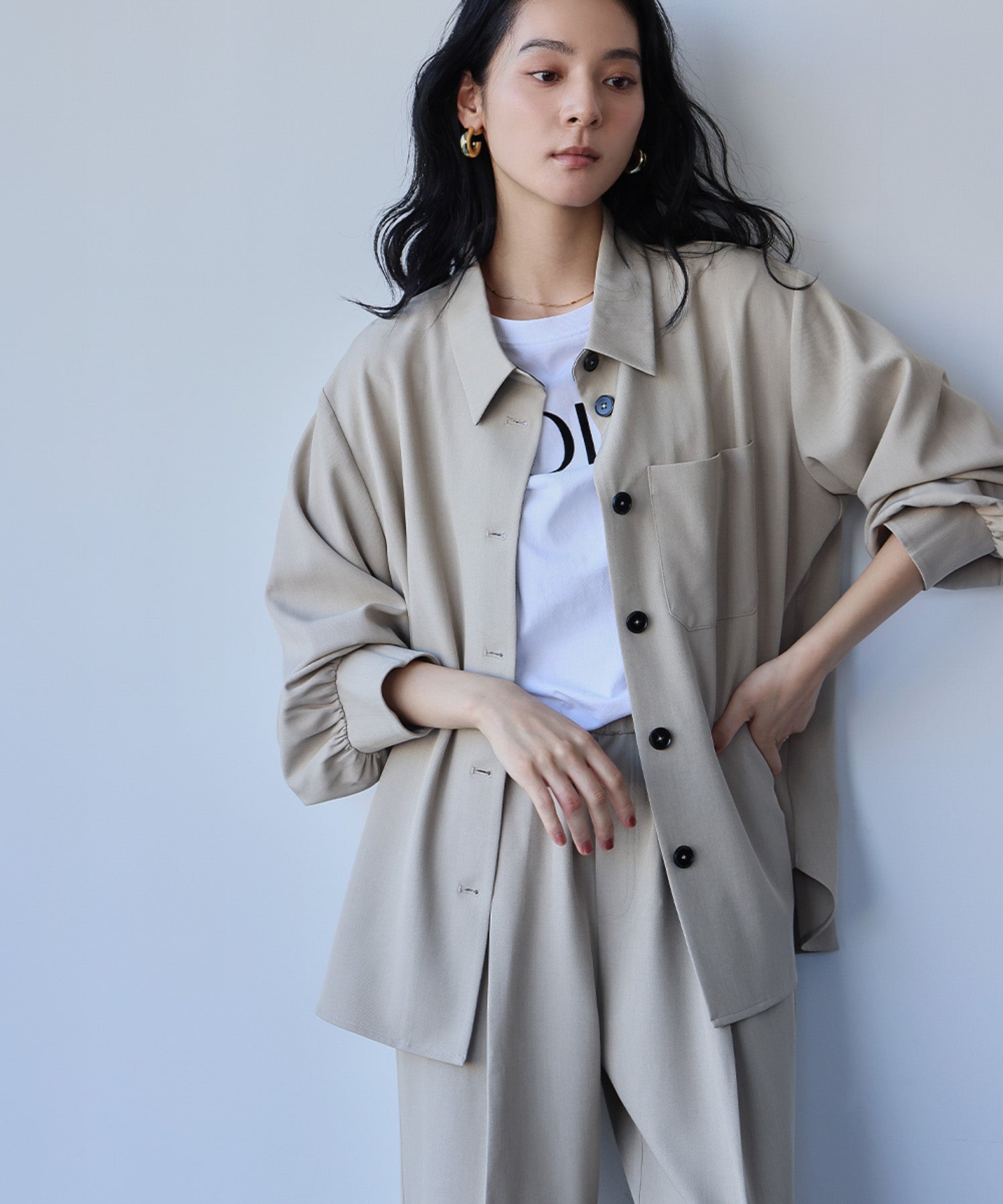 エルフランク ELFRANK オーバーサイズ シャツジャケット ストレート ワイドパンツ 2点セット セットアップ【洗える】 （ベージュ） ベージュ