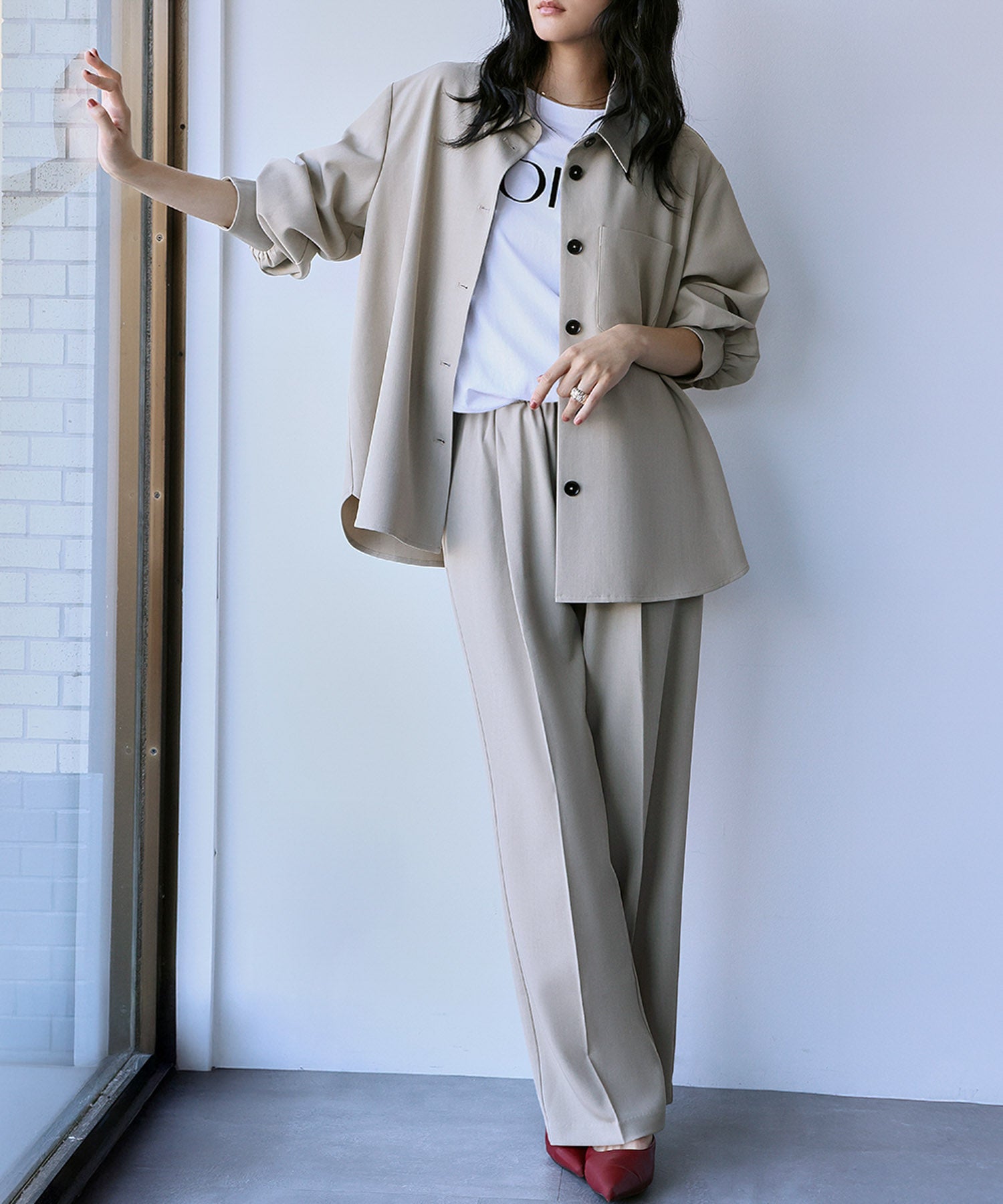 エルフランク ELFRANK オーバーサイズ シャツジャケット ストレート ワイドパンツ 2点セット セットアップ【洗える】 （ベージュ） ベージュ