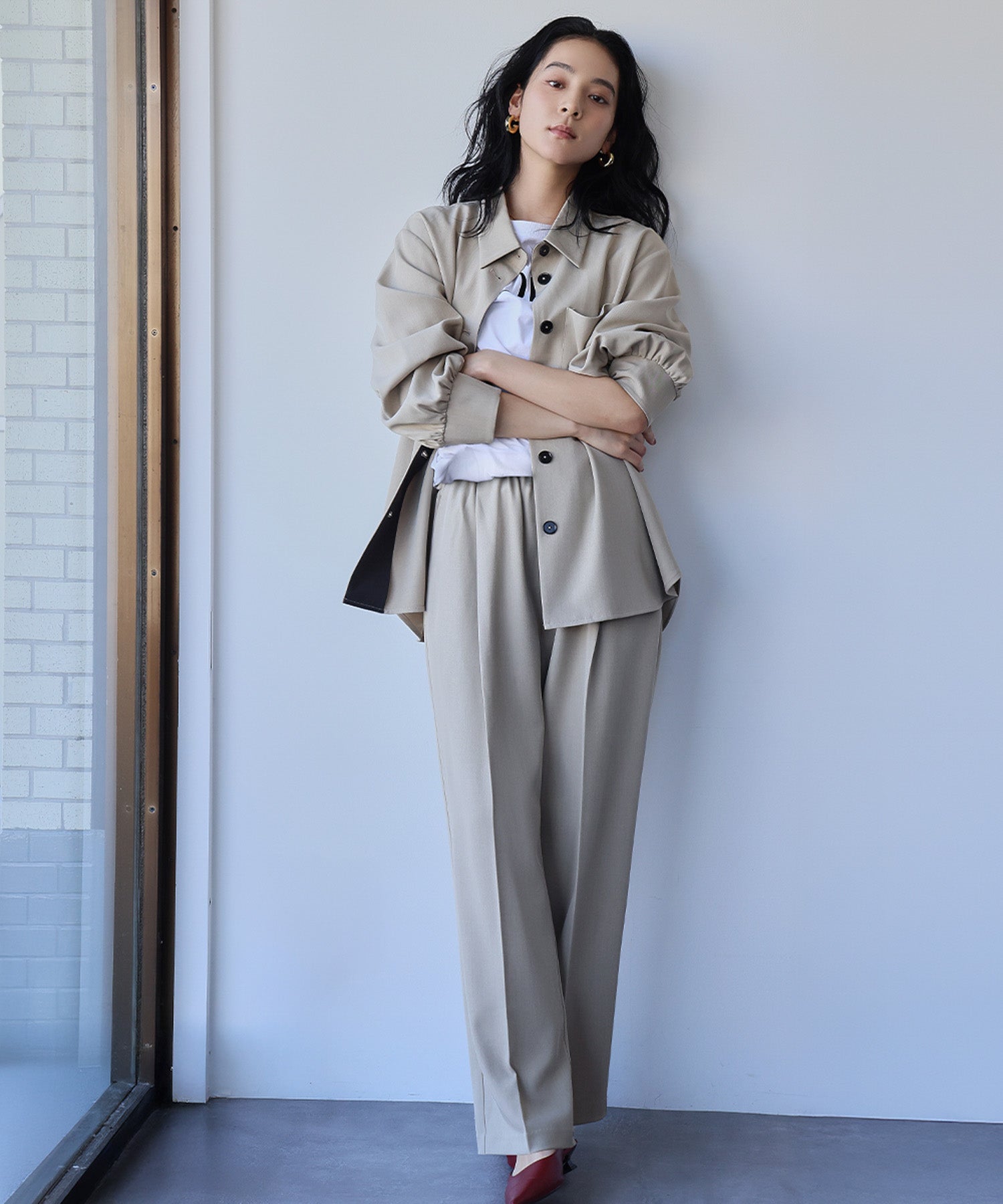 エルフランク ELFRANK オーバーサイズ シャツジャケット ストレート ワイドパンツ 2点セット セットアップ【洗える】 （ベージュ） ベージュ