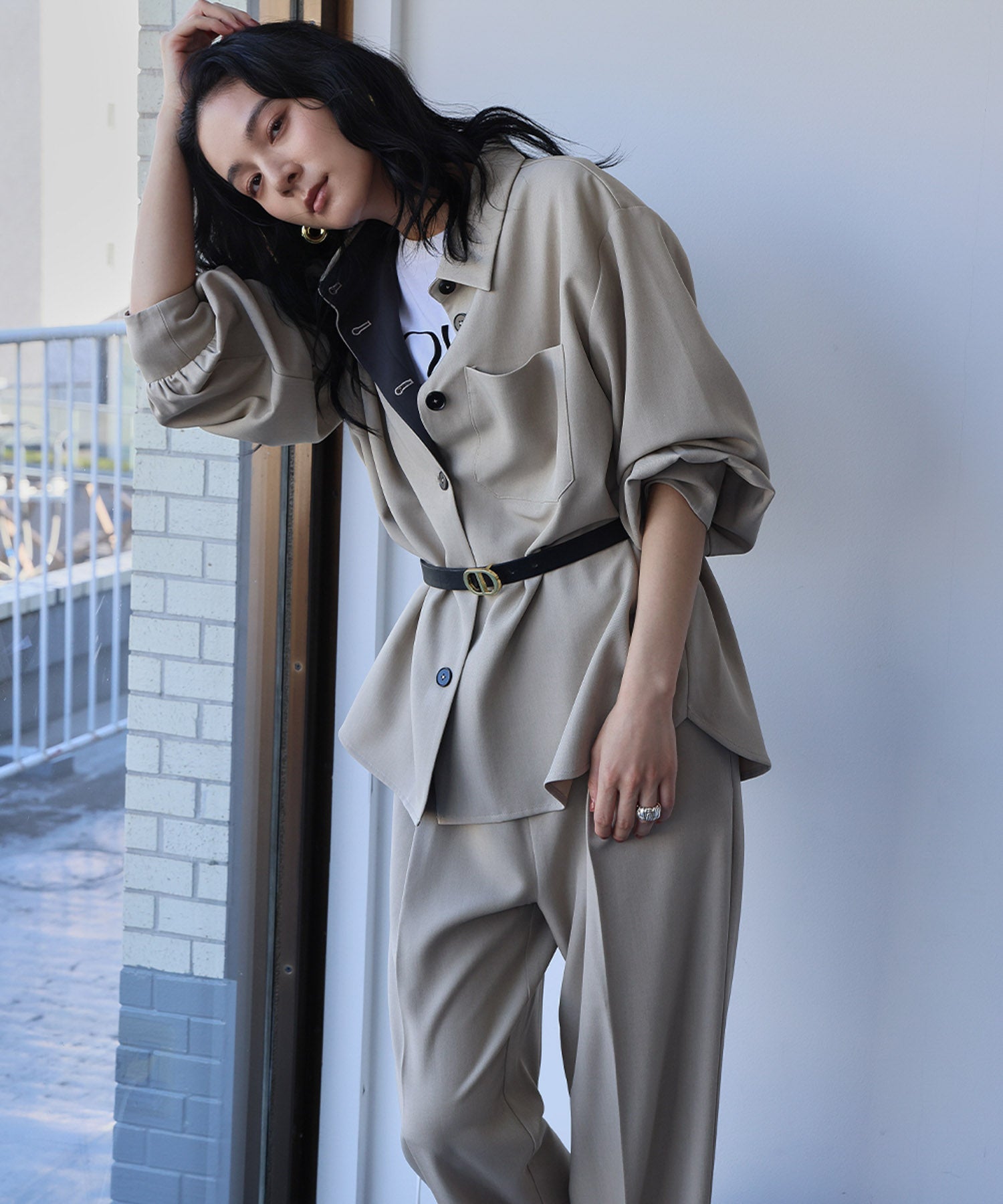 エルフランク ELFRANK オーバーサイズ シャツジャケット ストレート ワイドパンツ 2点セット セットアップ【洗える】 （ベージュ） ベージュ