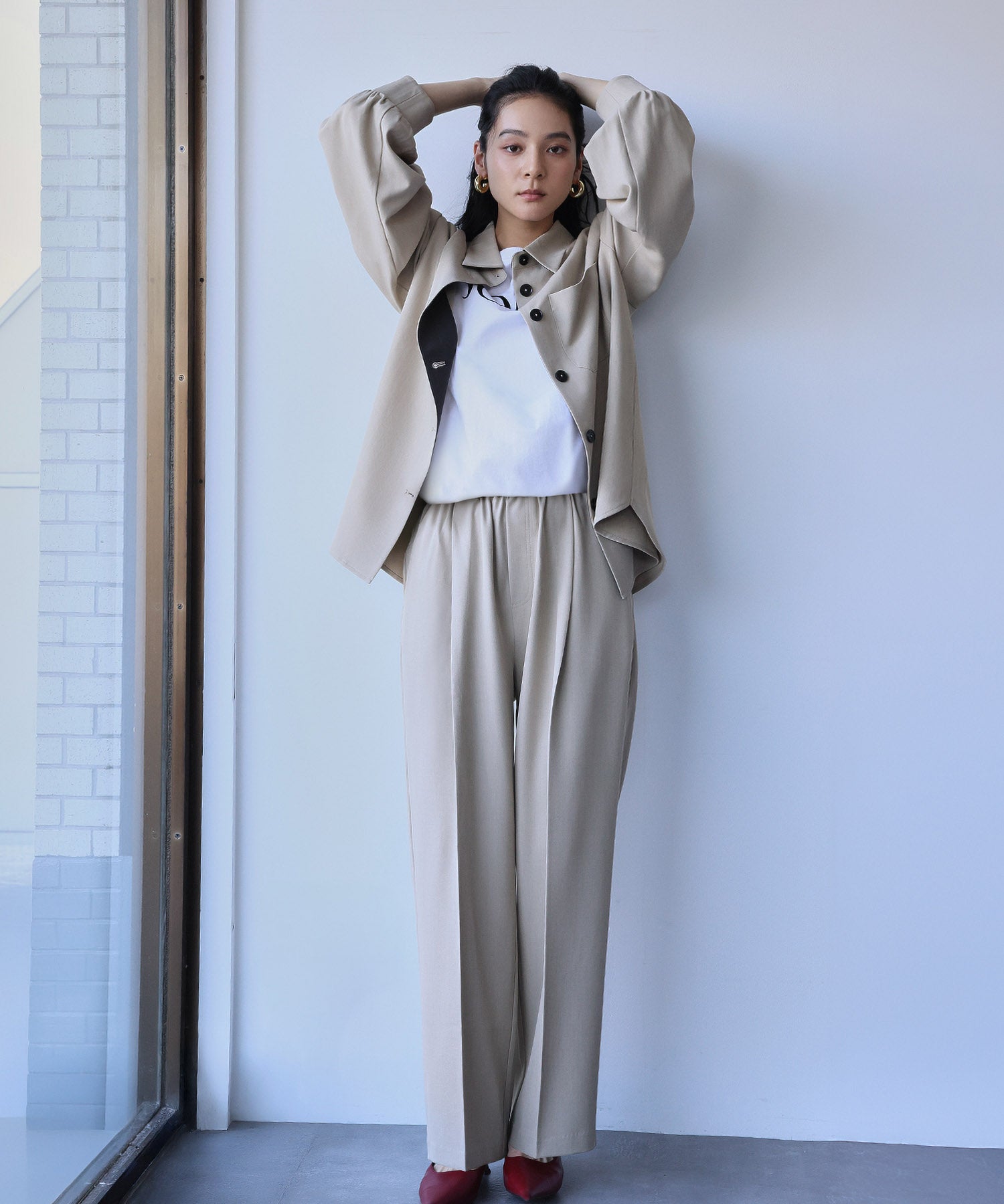エルフランク ELFRANK オーバーサイズ シャツジャケット ストレート ワイドパンツ 2点セット セットアップ【洗える】 （ベージュ） ベージュ