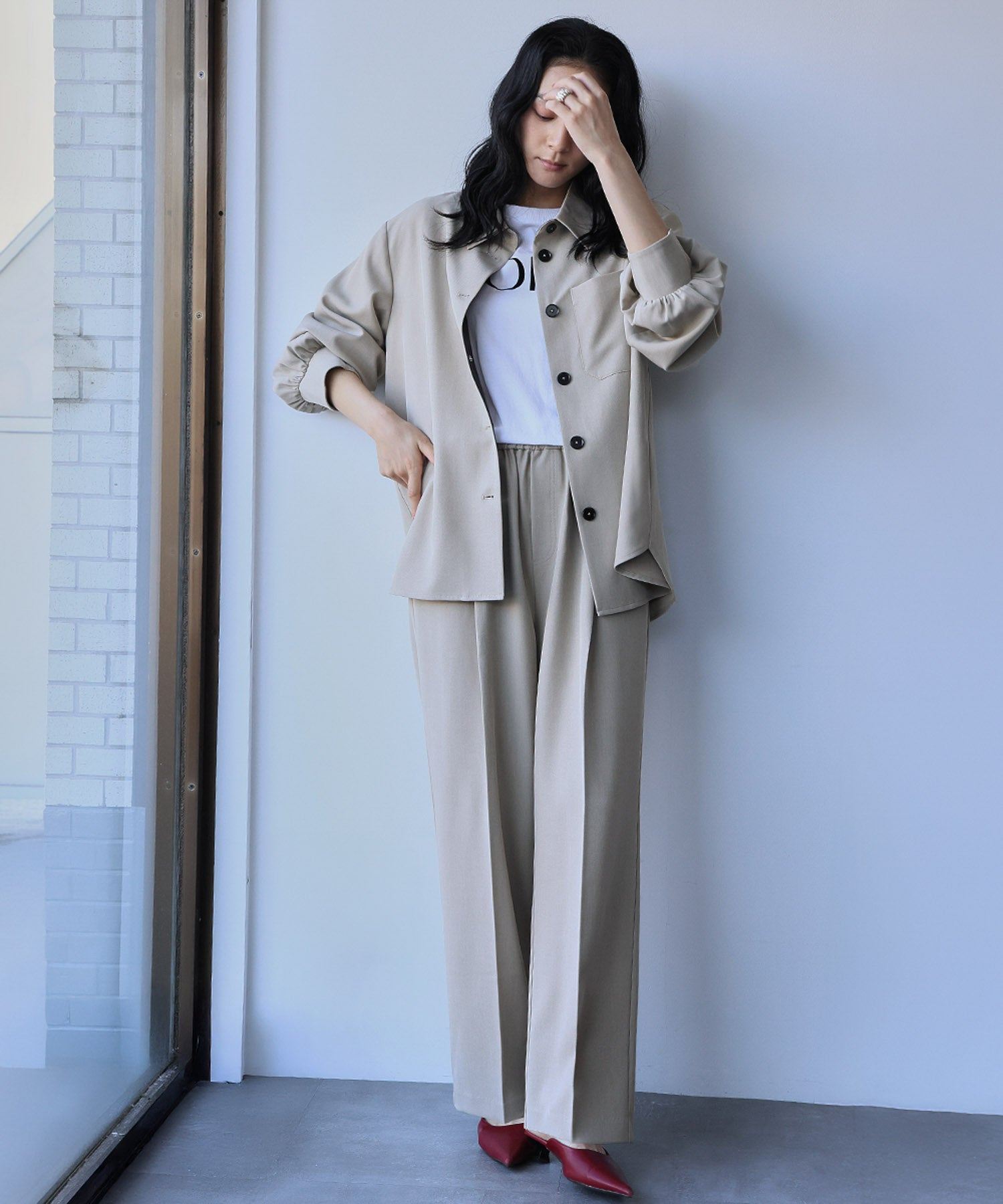 エルフランク ELFRANK オーバーサイズ シャツジャケット ストレート ワイドパンツ 2点セット セットアップ【洗える】 （ベージュ） ベージュ