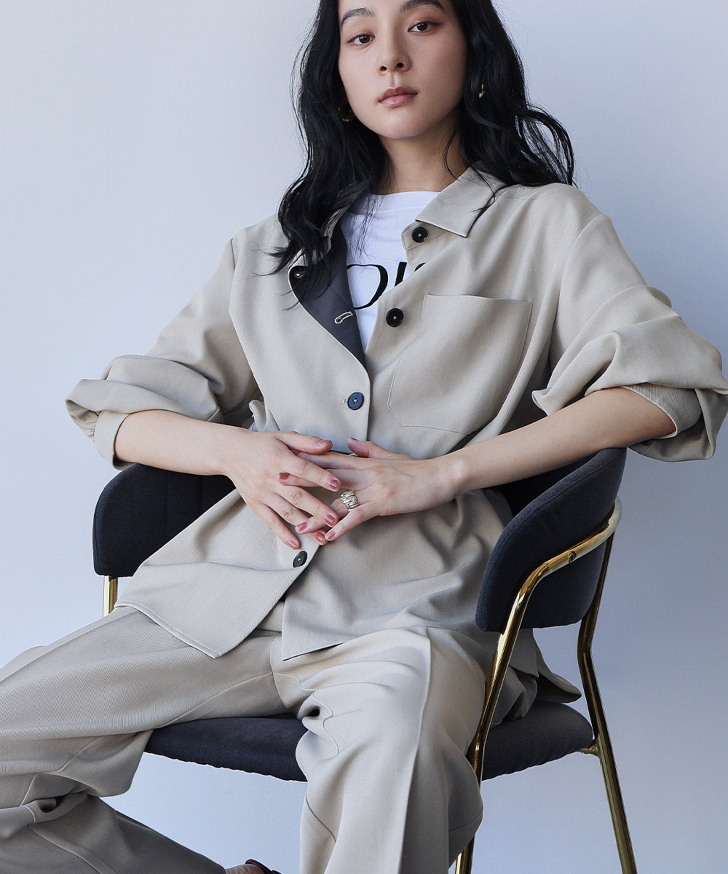 エルフランク ELFRANK オーバーサイズ シャツジャケット ストレート ワイドパンツ 2点セット セットアップ【洗える】 （ベージュ） ベージュ