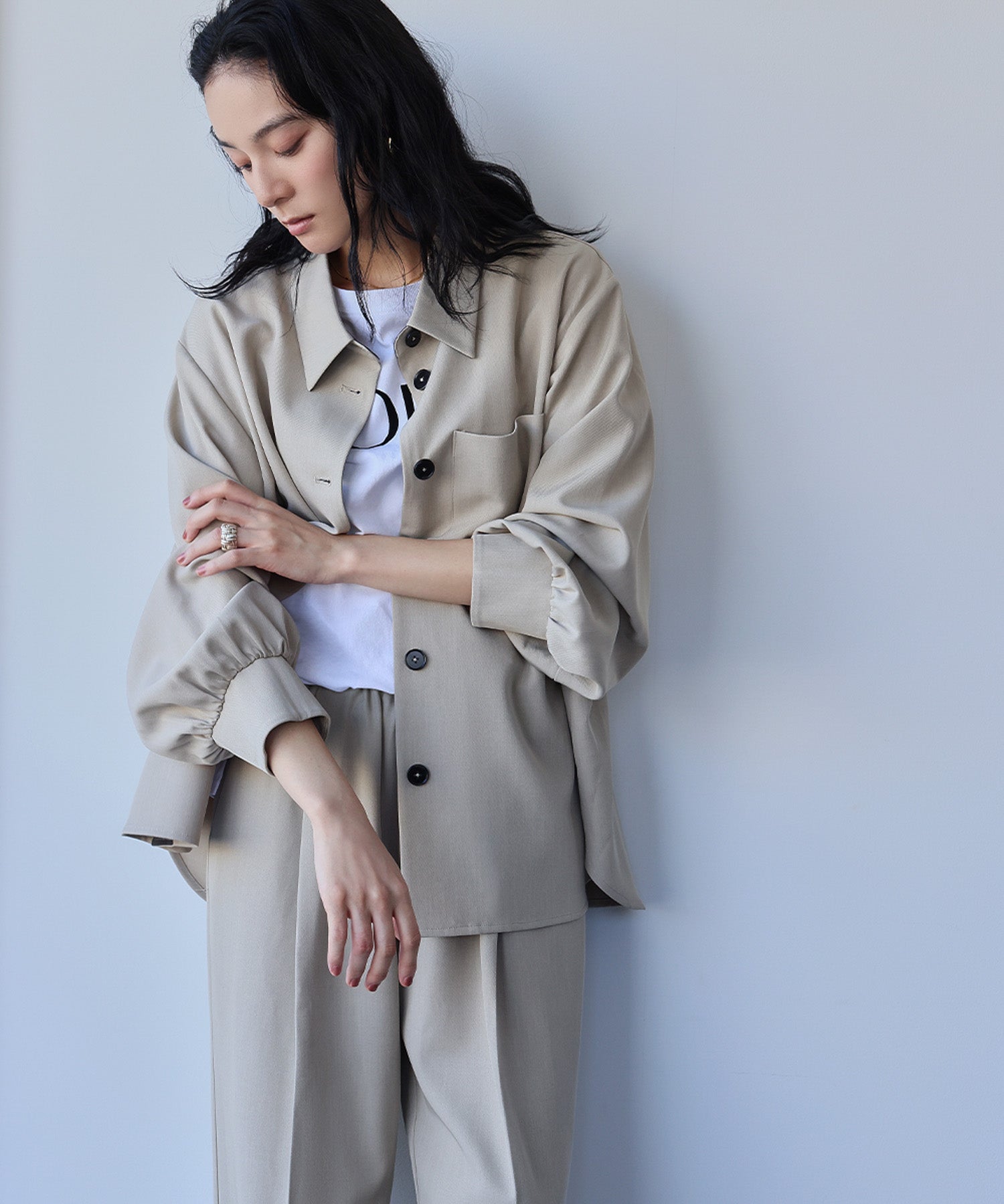 エルフランク ELFRANK オーバーサイズ シャツジャケット ストレート ワイドパンツ 2点セット セットアップ【洗える】 （ベージュ） ベージュ