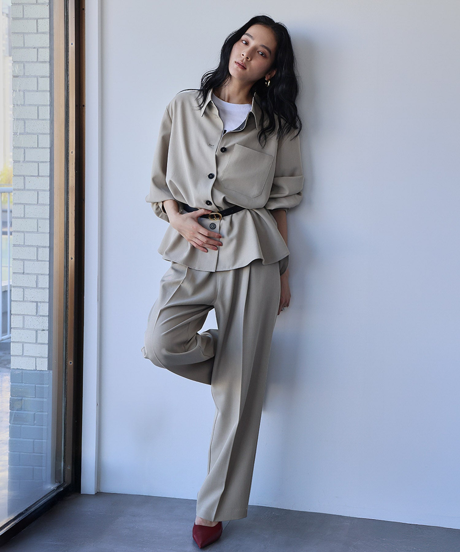 エルフランク ELFRANK オーバーサイズ シャツジャケット ストレート ワイドパンツ 2点セット セットアップ【洗える】 （ベージュ） ベージュ