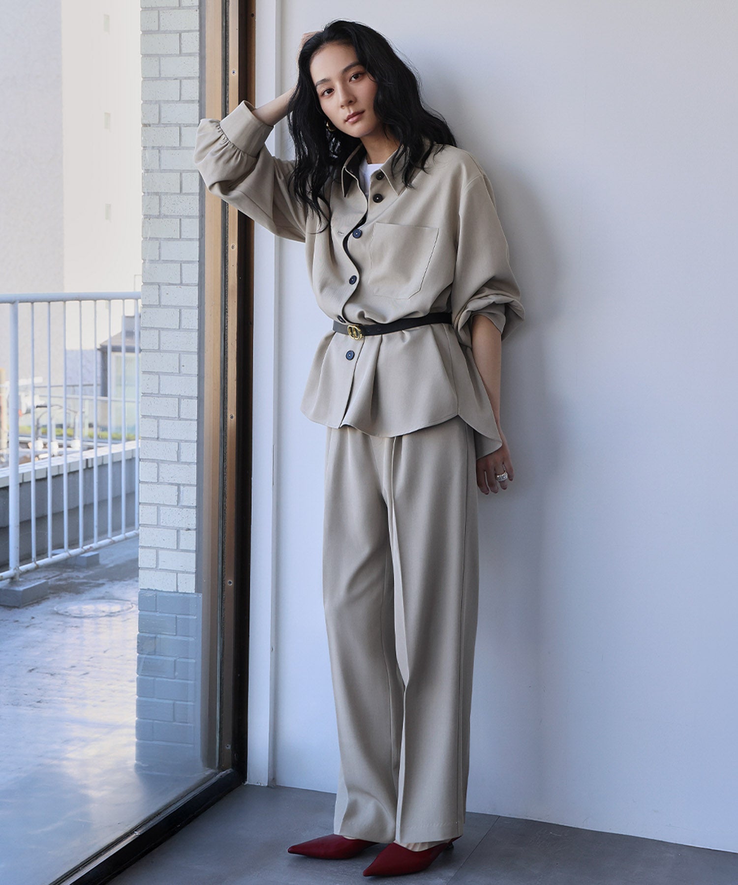 エルフランク ELFRANK オーバーサイズ シャツジャケット ストレート ワイドパンツ 2点セット セットアップ【洗える】 （ベージュ） ベージュ