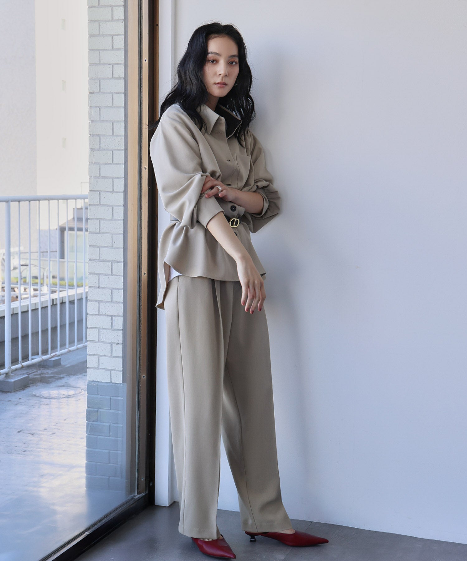 エルフランク ELFRANK オーバーサイズ シャツジャケット ストレート ワイドパンツ 2点セット セットアップ【洗える】 （ベージュ） ベージュ