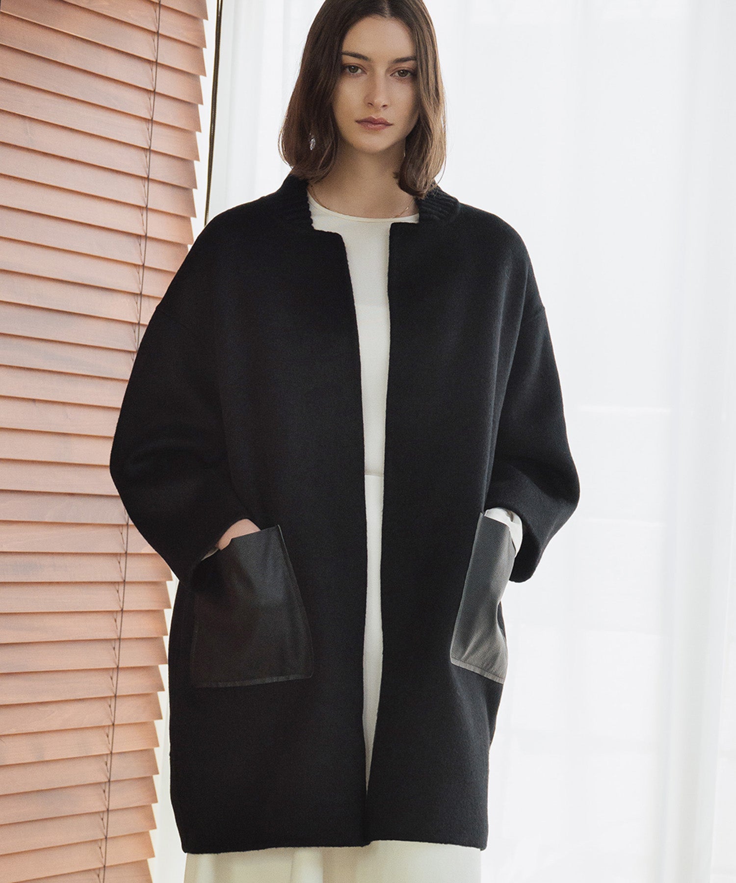 エルフランク ELFRANK 【ウール70％】レザーポケット ドロップショルダー ミドル丈 コート ウールコート（ブラック） ブラック