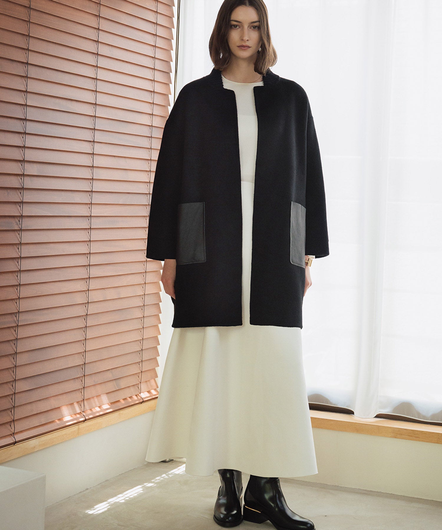 エルフランク ELFRANK 【ウール70％】レザーポケット ドロップショルダー ミドル丈 コート ウールコート（ブラック） ブラック