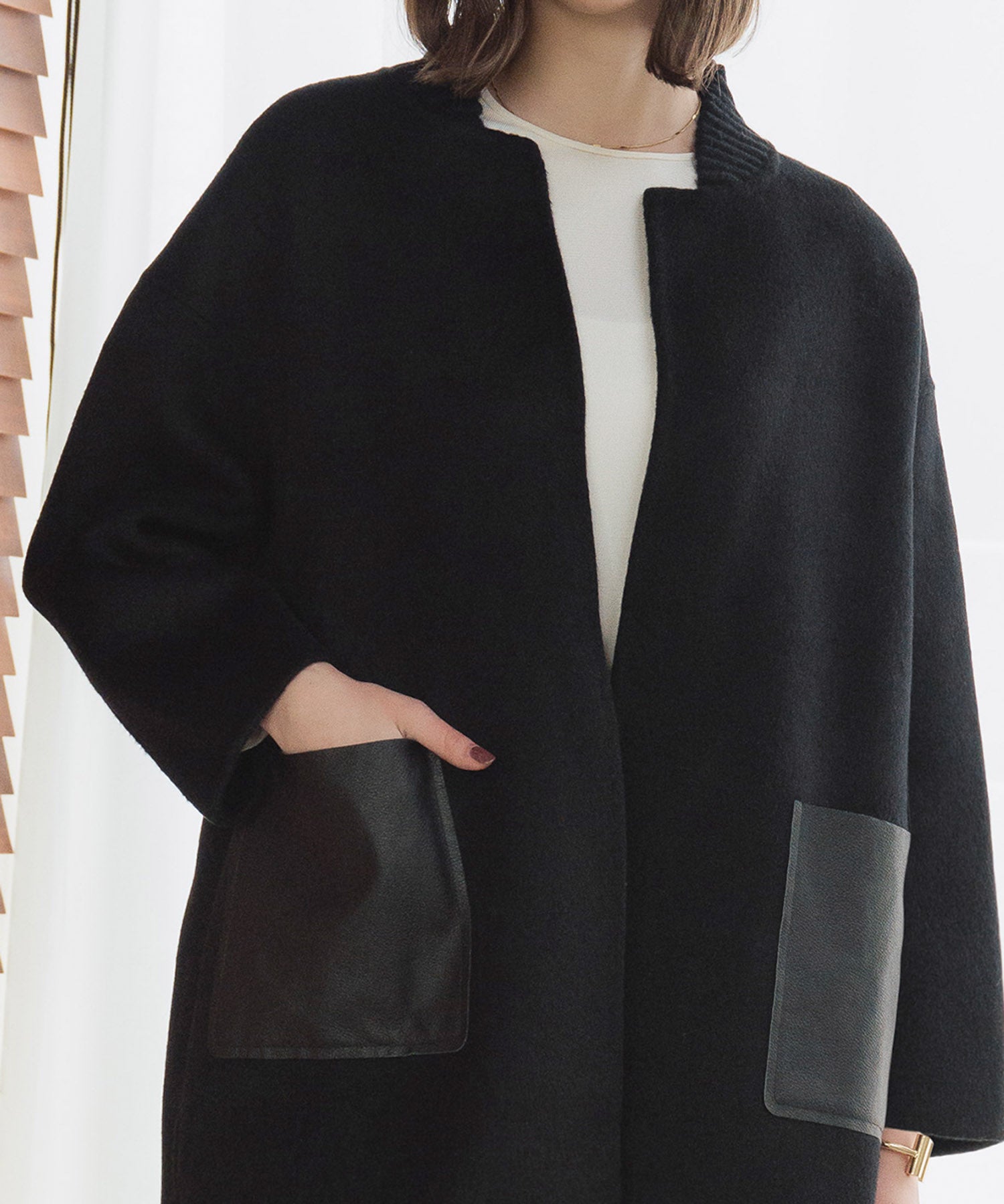 エルフランク ELFRANK 【ウール70％】レザーポケット ドロップショルダー ミドル丈 コート ウールコート（ブラック） ブラック