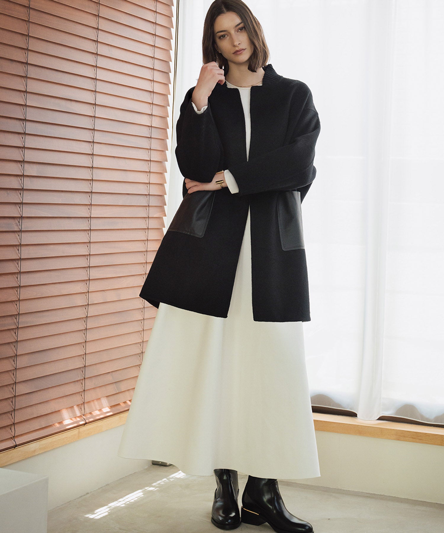 エルフランク ELFRANK 【ウール70％】レザーポケット ドロップショルダー ミドル丈 コート ウールコート（ブラック） ブラック