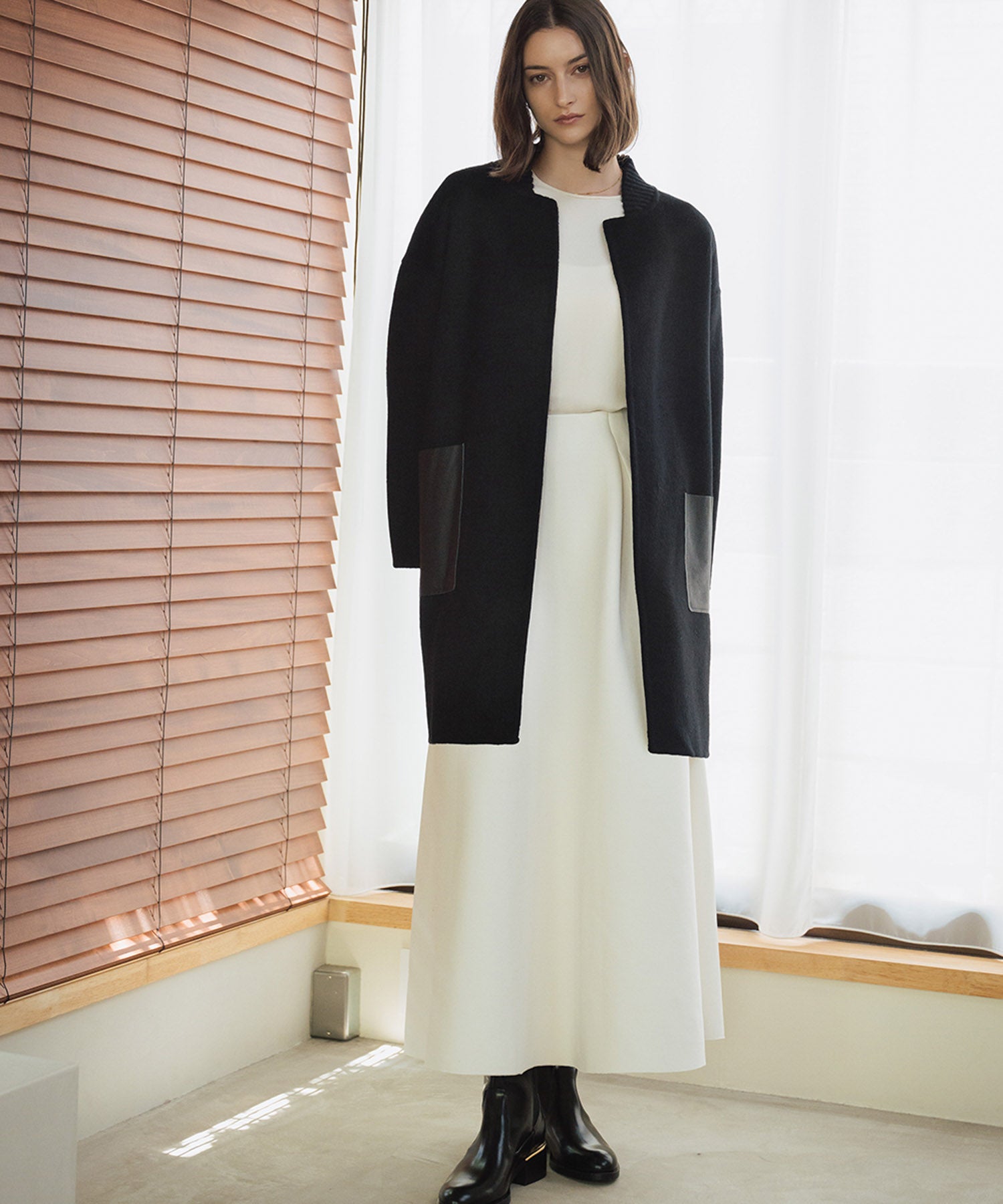 エルフランク ELFRANK 【ウール70％】レザーポケット ドロップショルダー ミドル丈 コート ウールコート（ブラック） ブラック