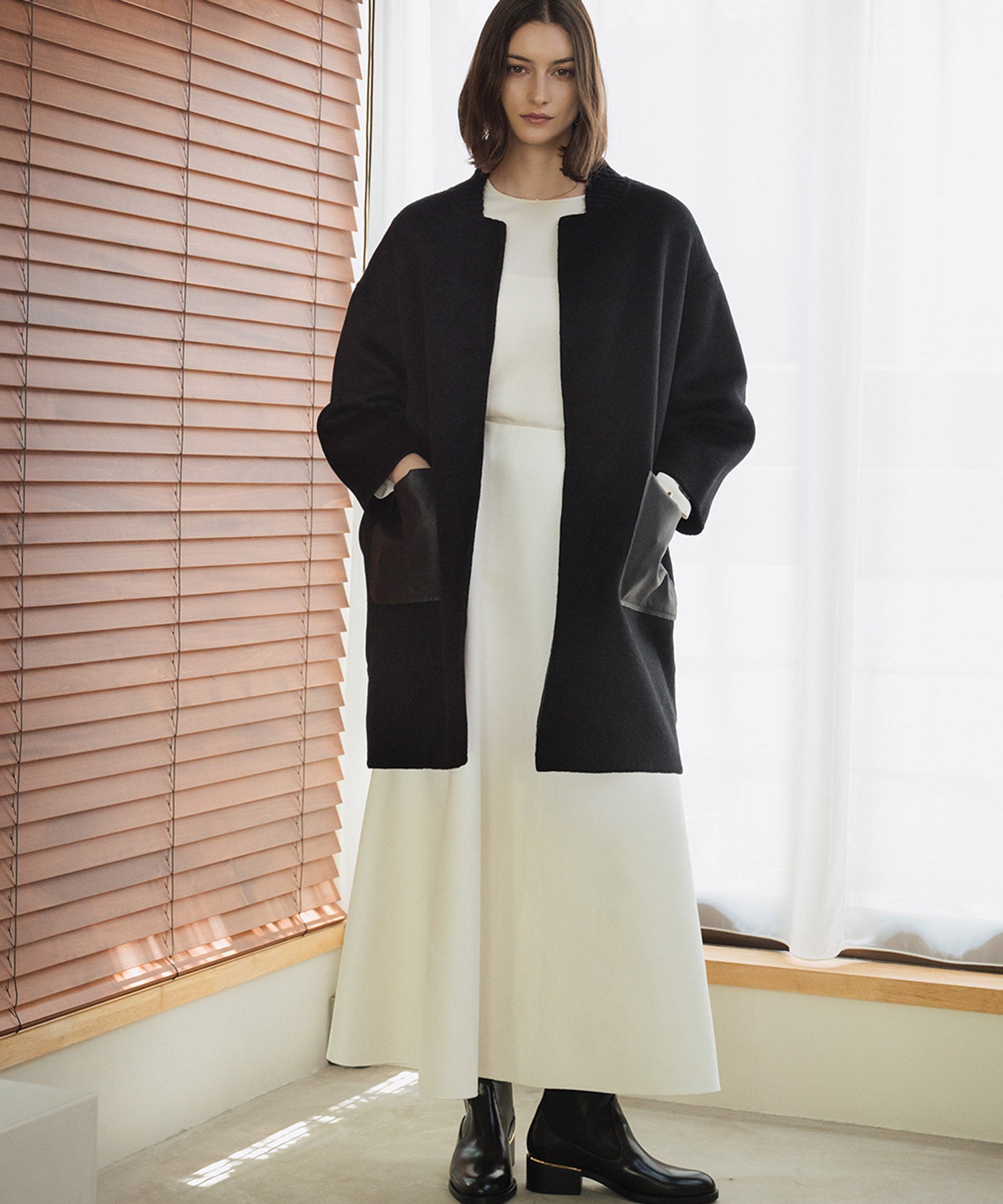 エルフランク ELFRANK 【ウール70％】レザーポケット ドロップショルダー ミドル丈 コート ウールコート（ブラック） ブラック